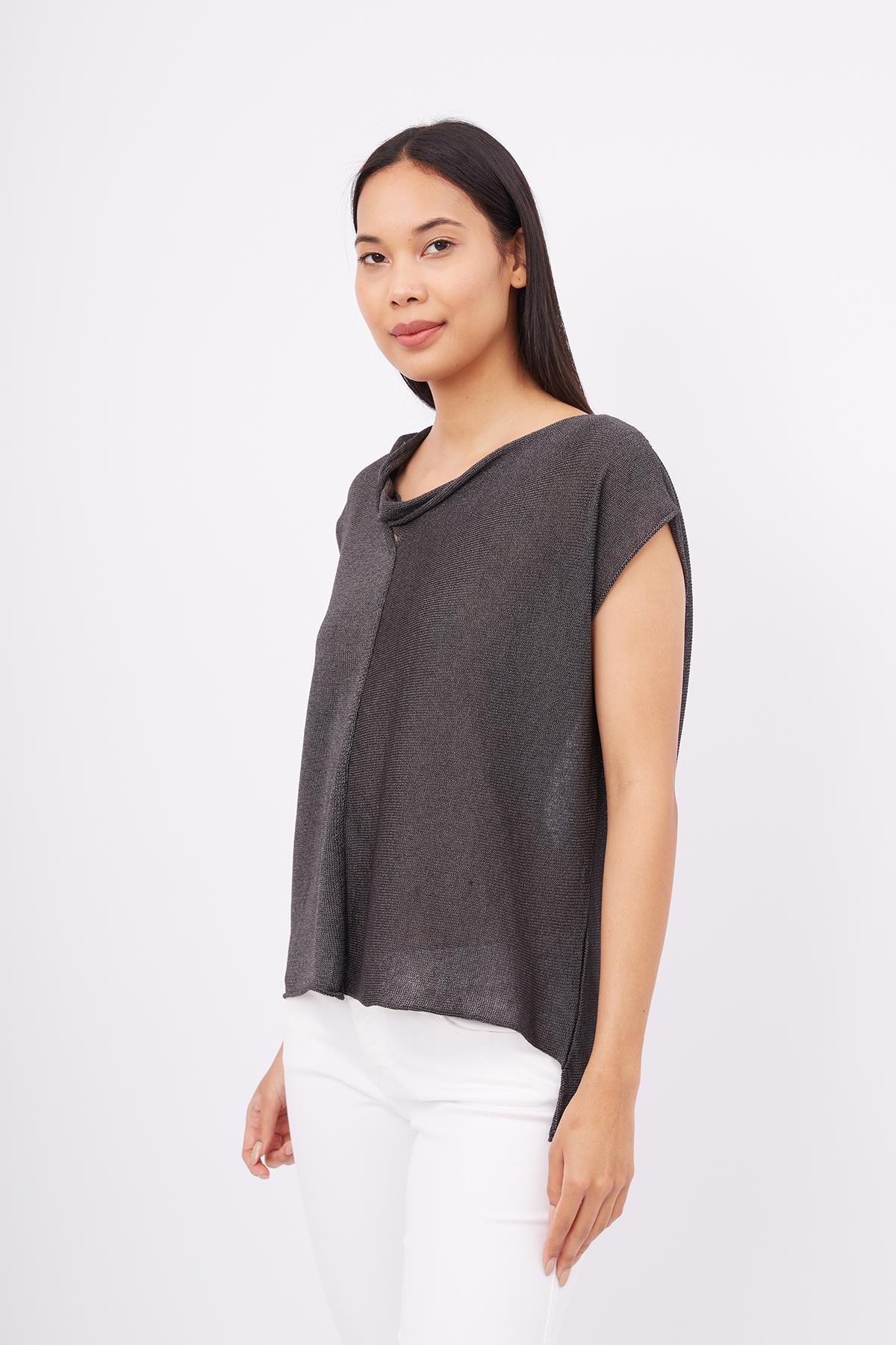 Peraluna Düşük Kol Bluz - Antrasit Melanj