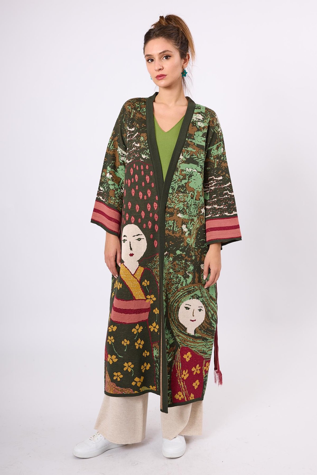 Peraluna Magic Moments Jakarlı Kadın Uzun Triko Kimono - Koyu Yeşil Multi