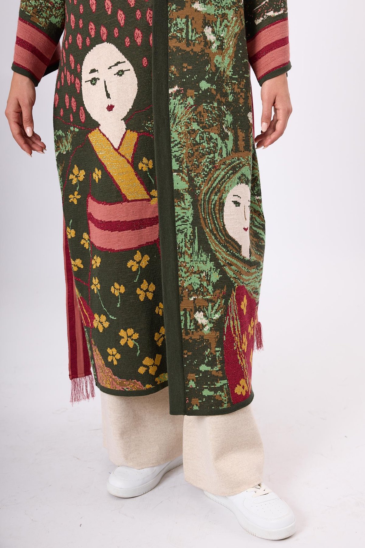 Peraluna Magic Moments Jakarlı Kadın Uzun Triko Kimono - Koyu Yeşil Multi