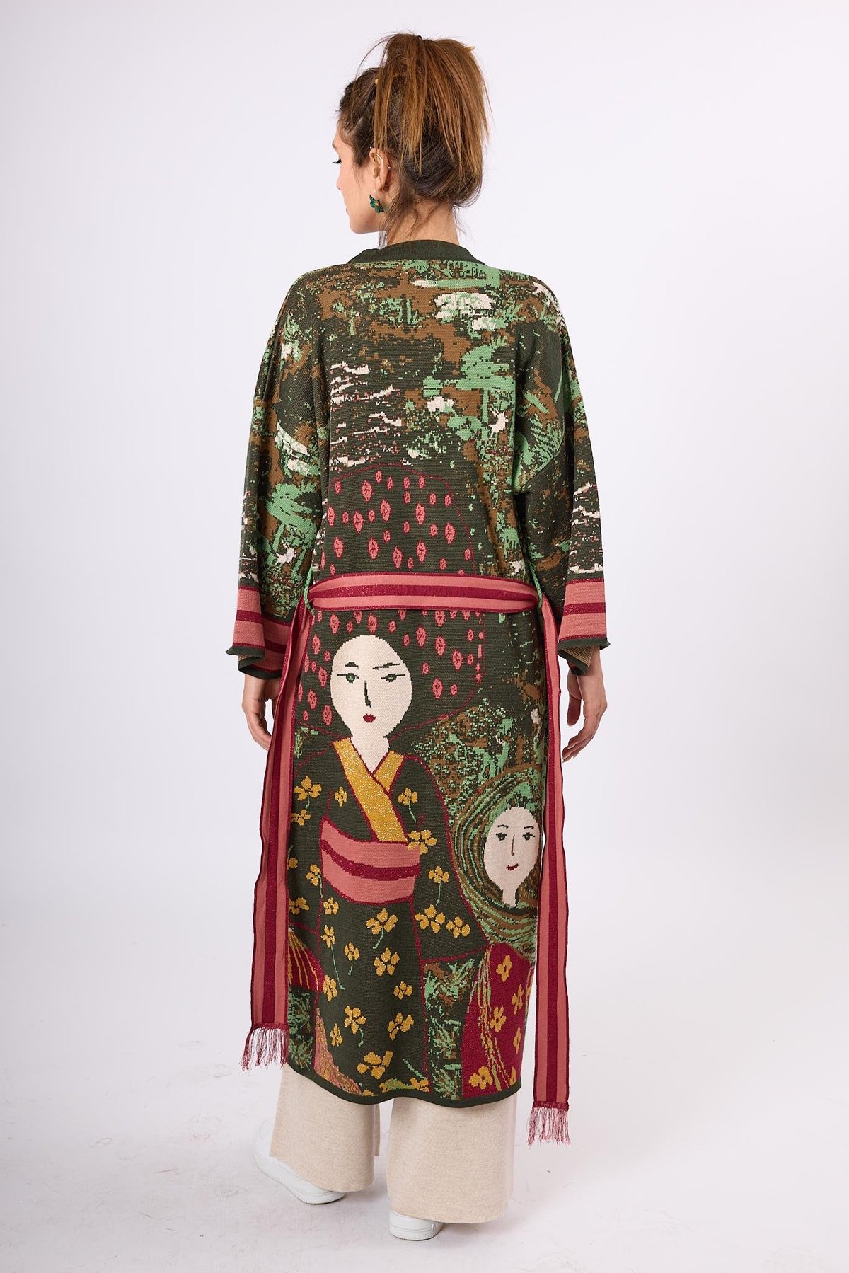 Peraluna Magic Moments Jakarlı Kadın Uzun Triko Kimono - Koyu Yeşil Multi