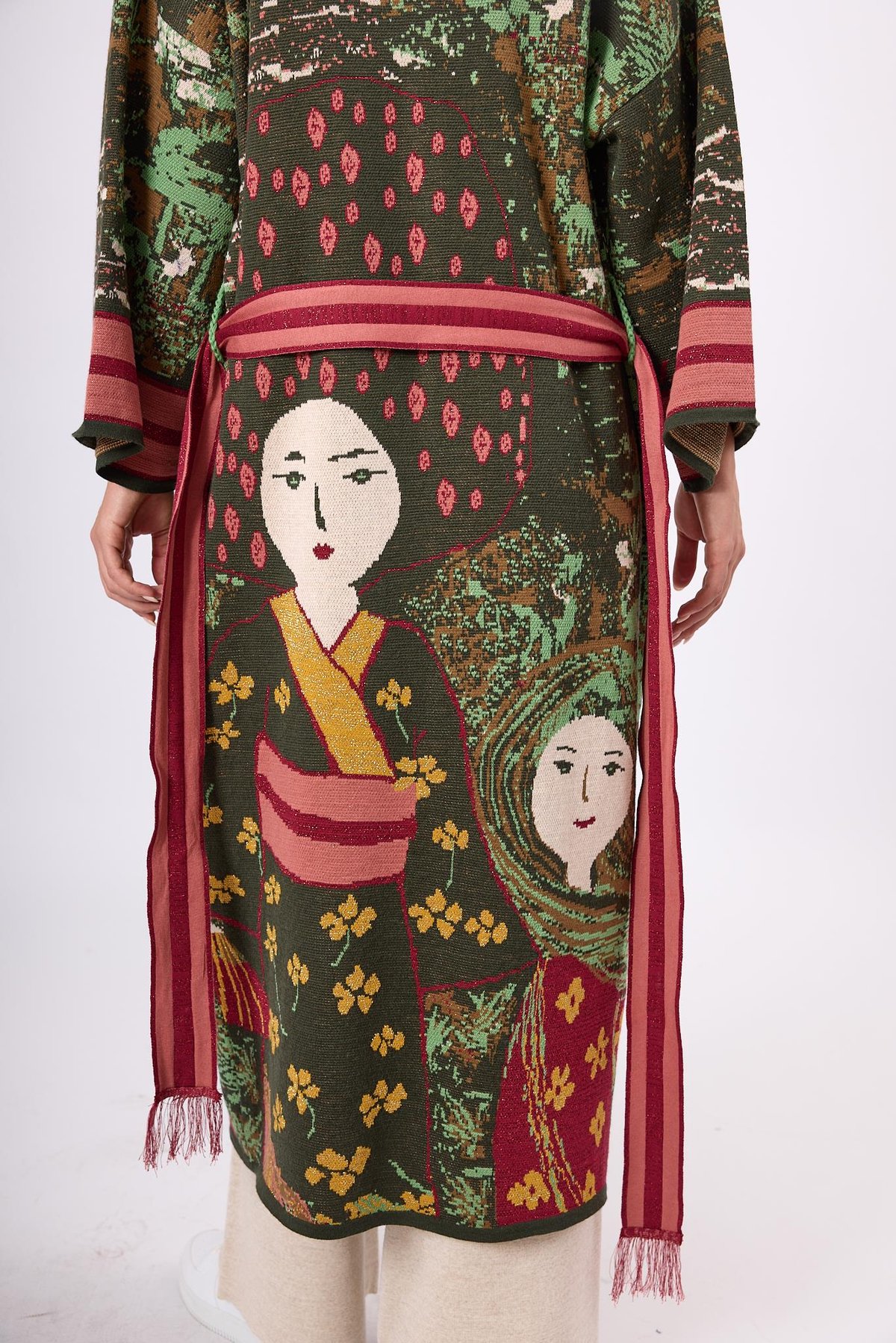 Peraluna Magic Moments Jakarlı Kadın Uzun Triko Kimono - Koyu Yeşil Multi