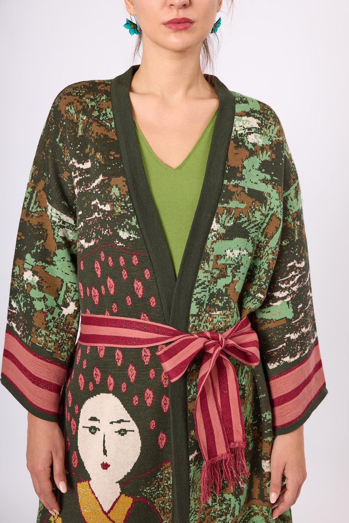 Peraluna Magic Moments Jakarlı Kadın Uzun Triko Kimono - Koyu Yeşil Multi