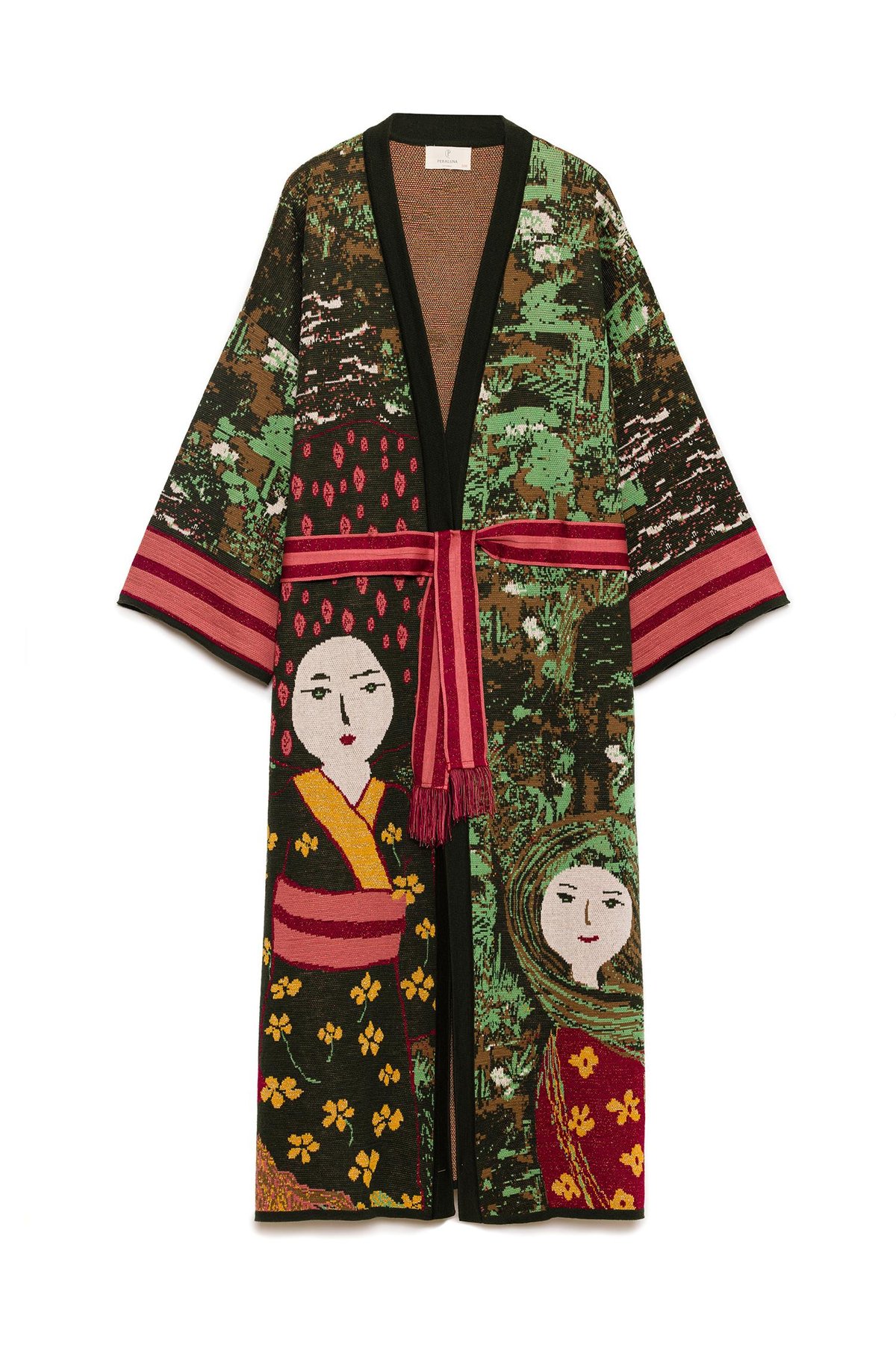 Peraluna Magic Moments Jakarlı Kadın Uzun Triko Kimono - Koyu Yeşil Multi