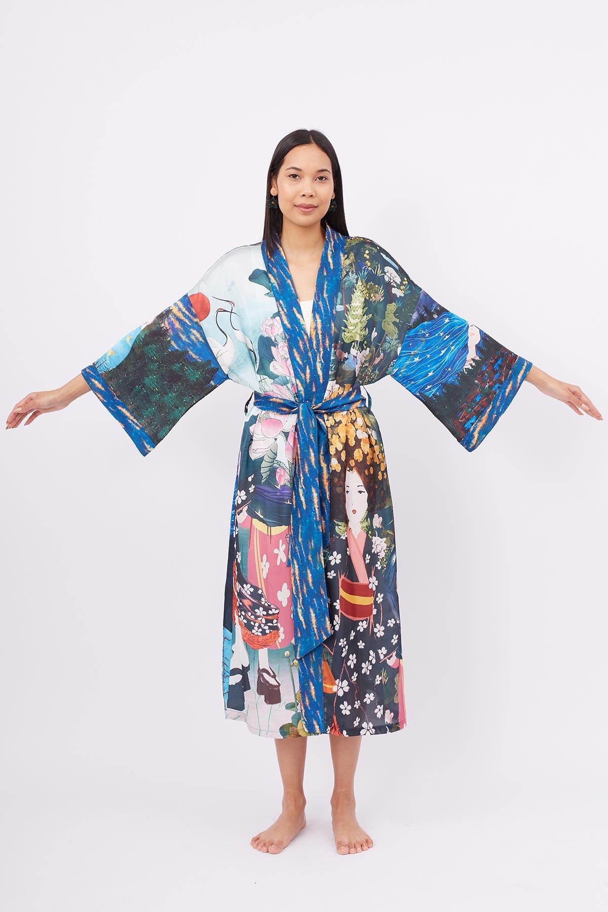 Peraluna MAGIC MOMENTS LONG KIMONO Anne Kız Baskılı 125 CM Uzun Saten Kadın Kimono - Çok Renkli