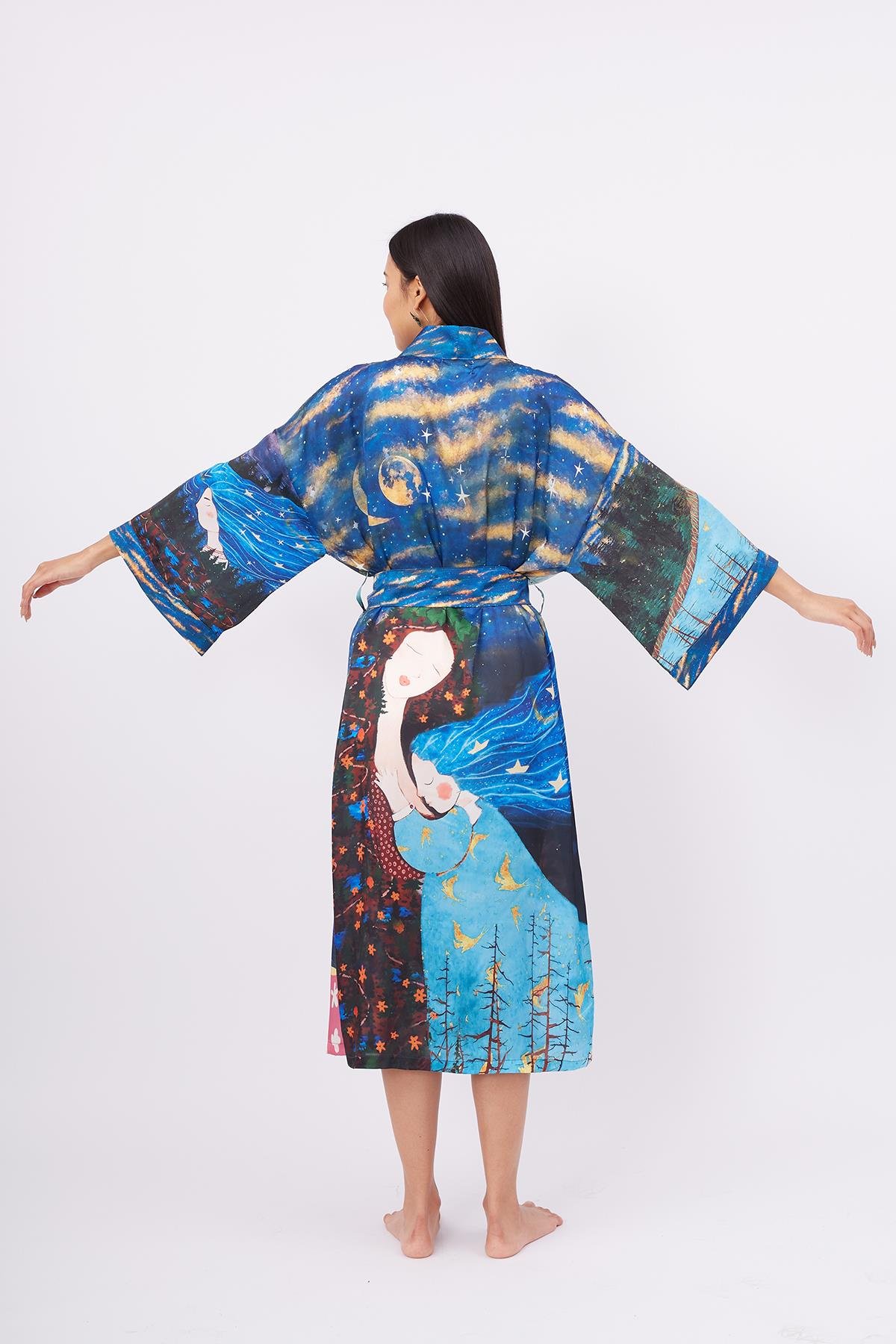 Peraluna MAGIC MOMENTS LONG KIMONO Anne Kız Baskılı 125 CM Uzun Saten Kadın Kimono - Çok Renkli