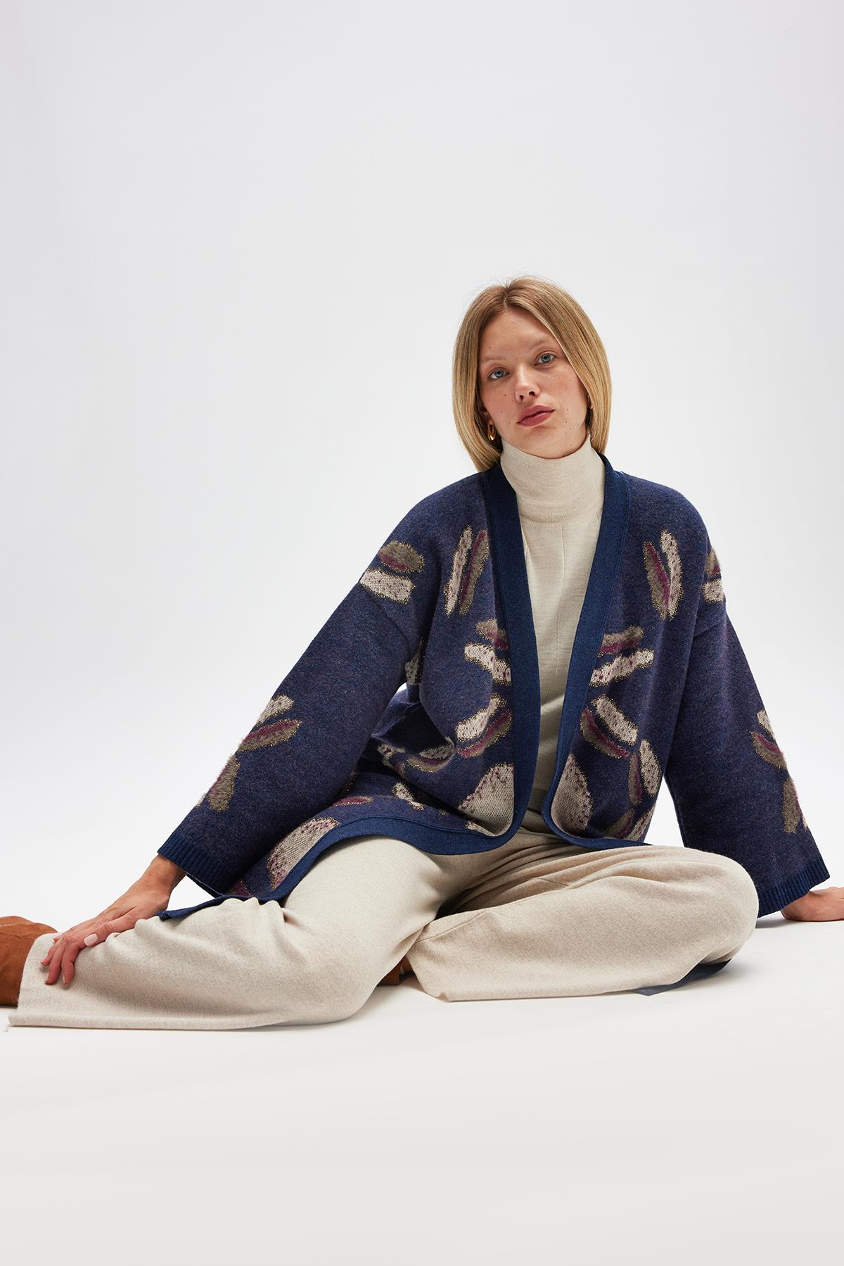 Peraluna Makoya Desenli Kadın Triko Kimono - Indigo Multi