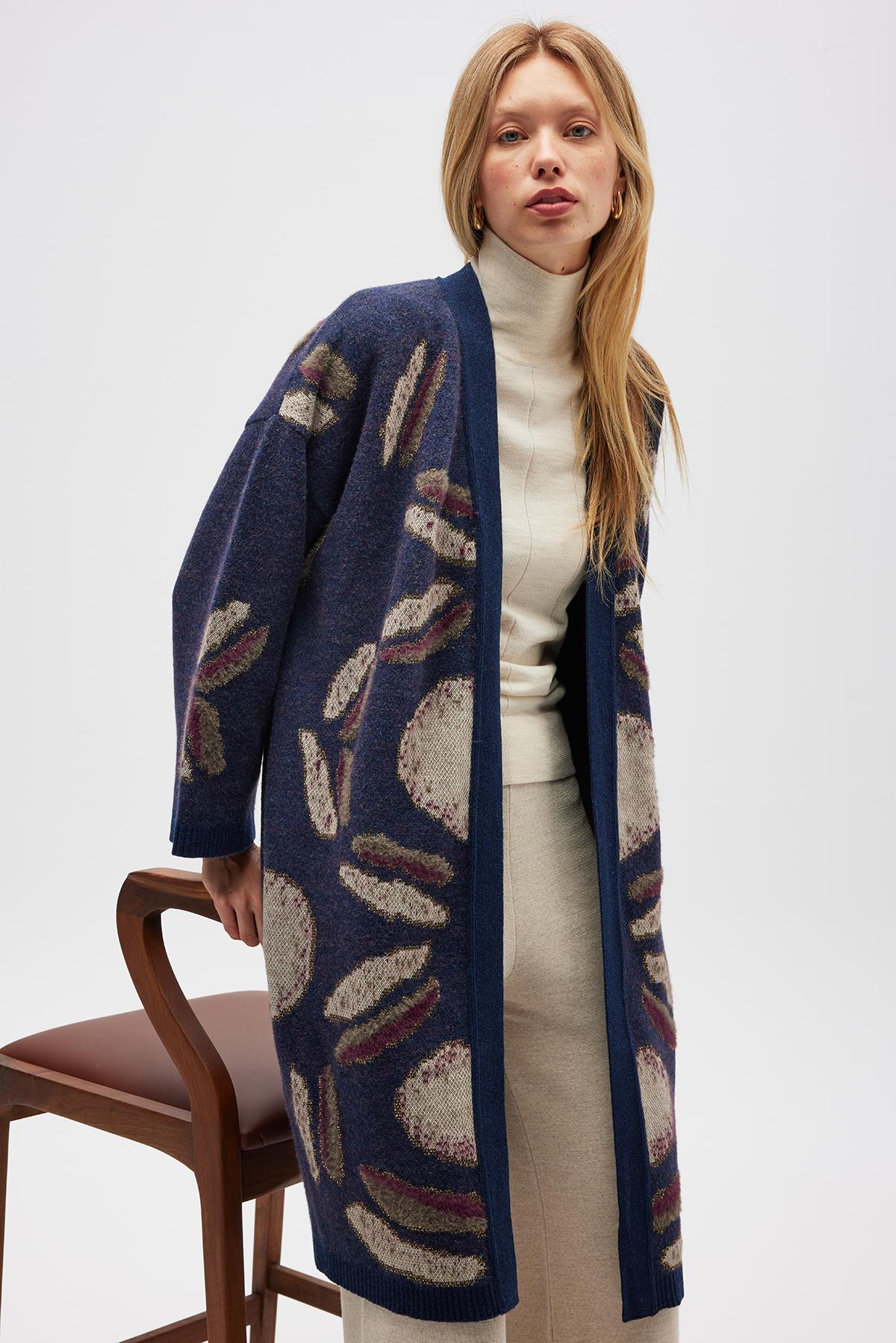 Peraluna Makoya Desenli Kadın Triko Kimono - Indigo Multi