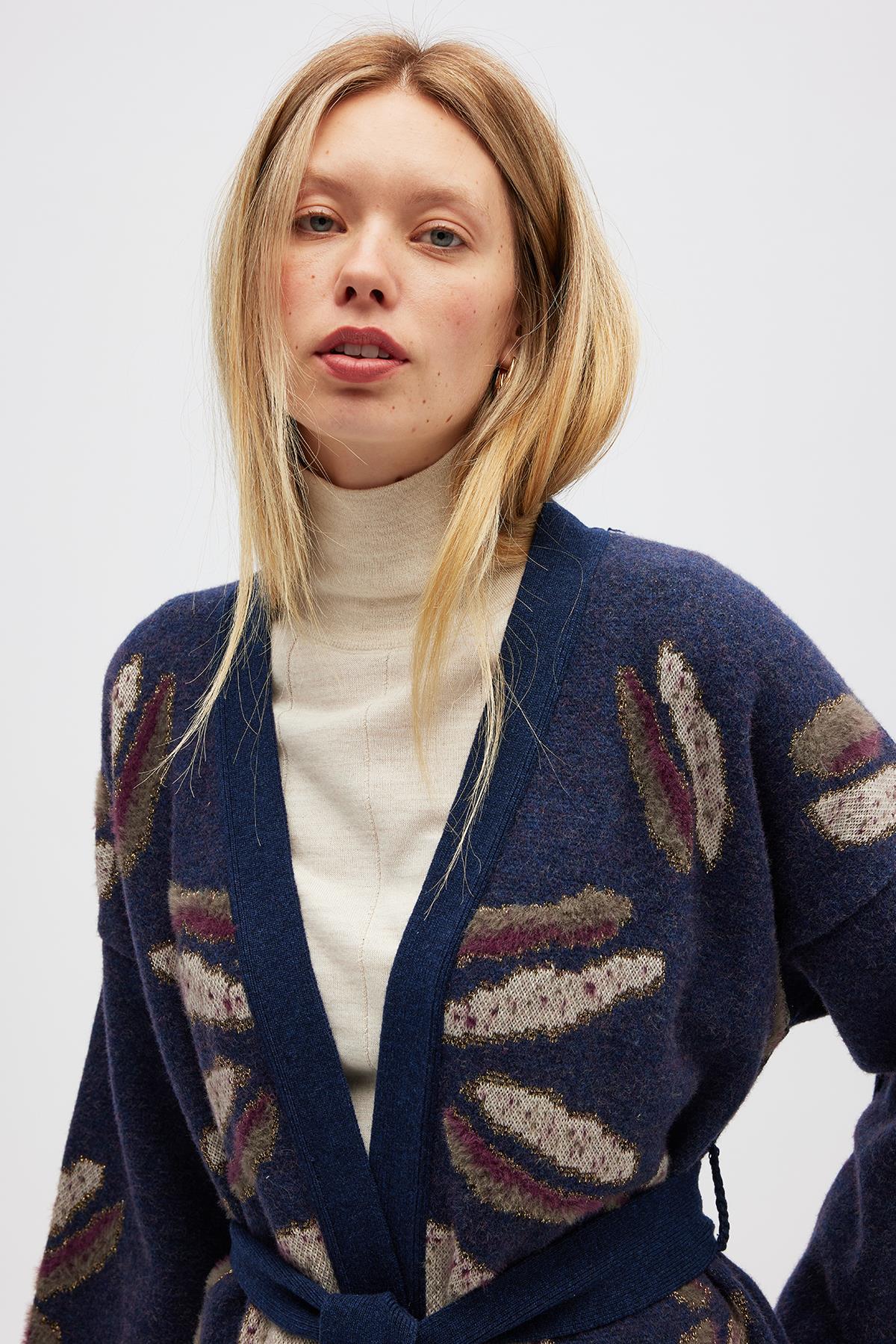 Peraluna Makoya Desenli Kadın Triko Kimono - Indigo Multi