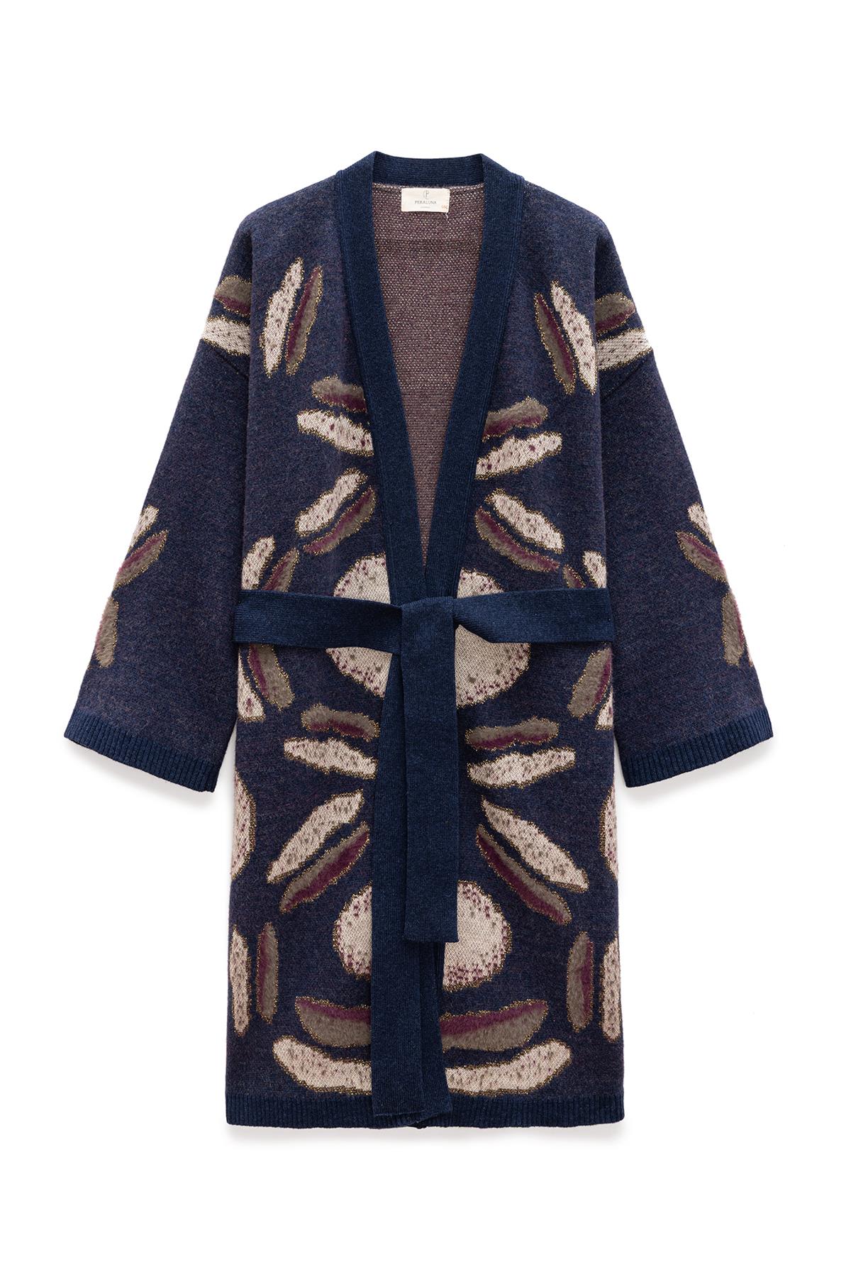 Peraluna Makoya Desenli Kadın Triko Kimono - Indigo Multi