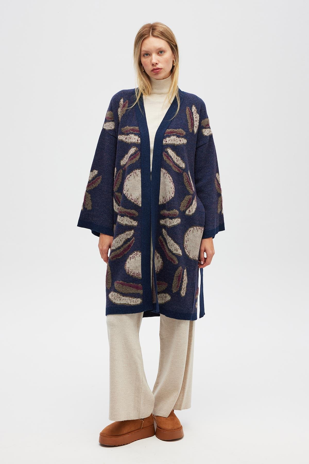 Peraluna Makoya Desenli Kadın Triko Kimono - Indigo Multi