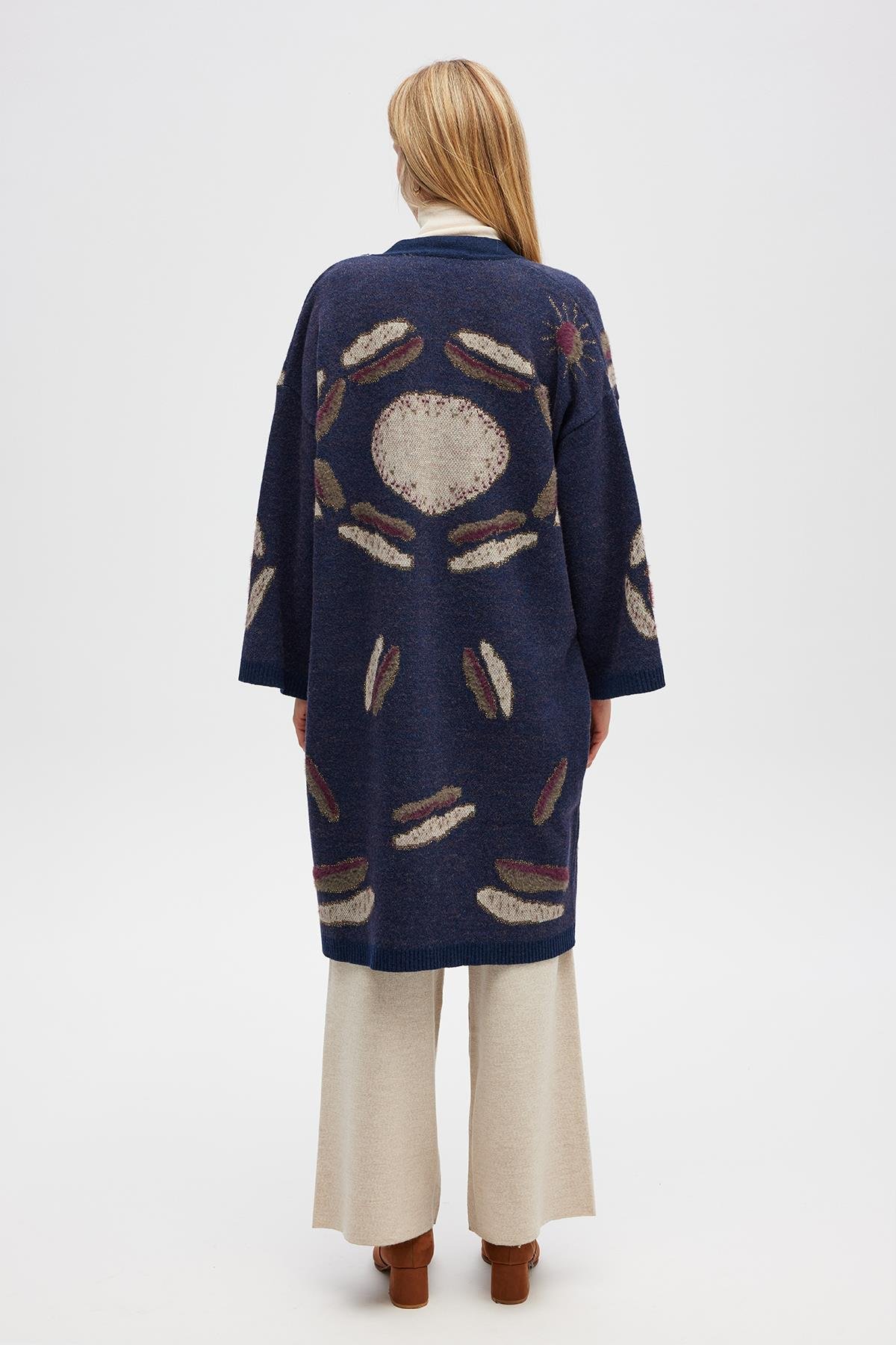 Peraluna Makoya Desenli Kadın Triko Kimono - Indigo Multi