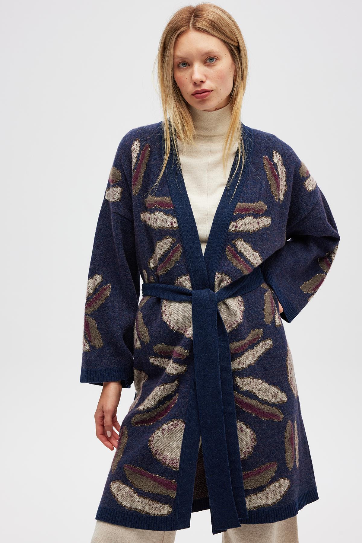 Peraluna Makoya Desenli Kadın Triko Kimono - Indigo Multi