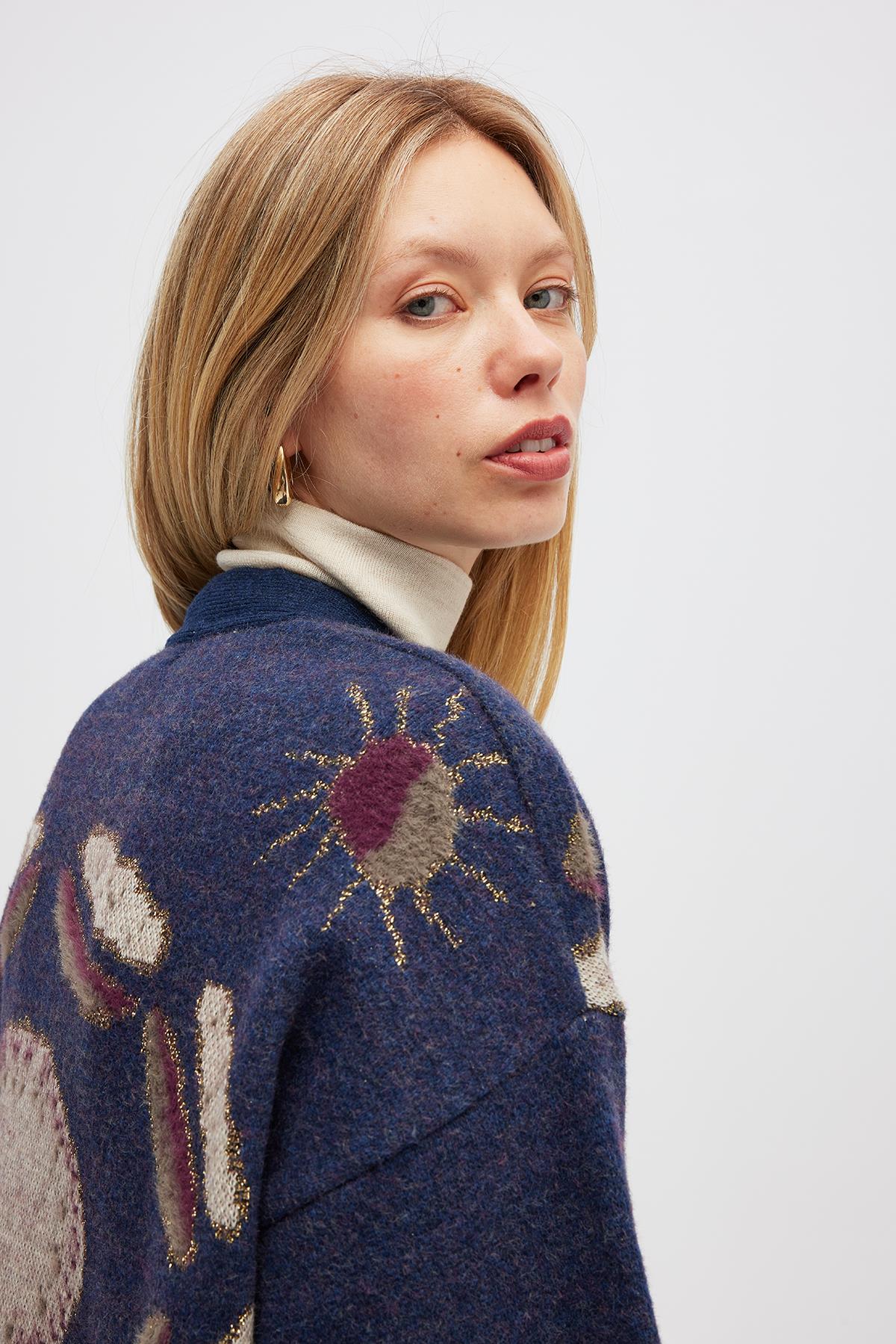 Peraluna Makoya Desenli Kadın Triko Kimono - Indigo Multi