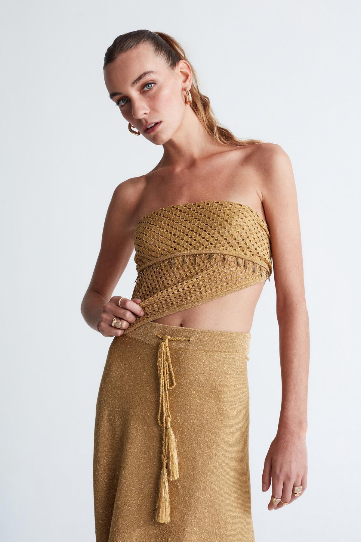 Peraluna MARILYN SKIRT Simli Maxi Boy Beli Bağcıklı Kadın Triko Etek Altın