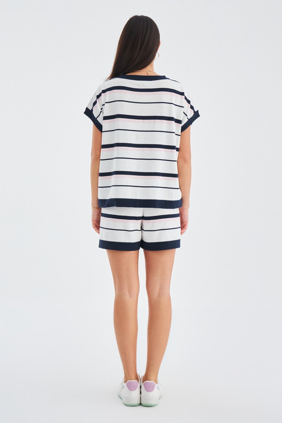 Peraluna MARINE BLOUSE & SHORTS %100 Pamuk Yazlık Kadın Triko Şort Takım Lacivert/Ekru