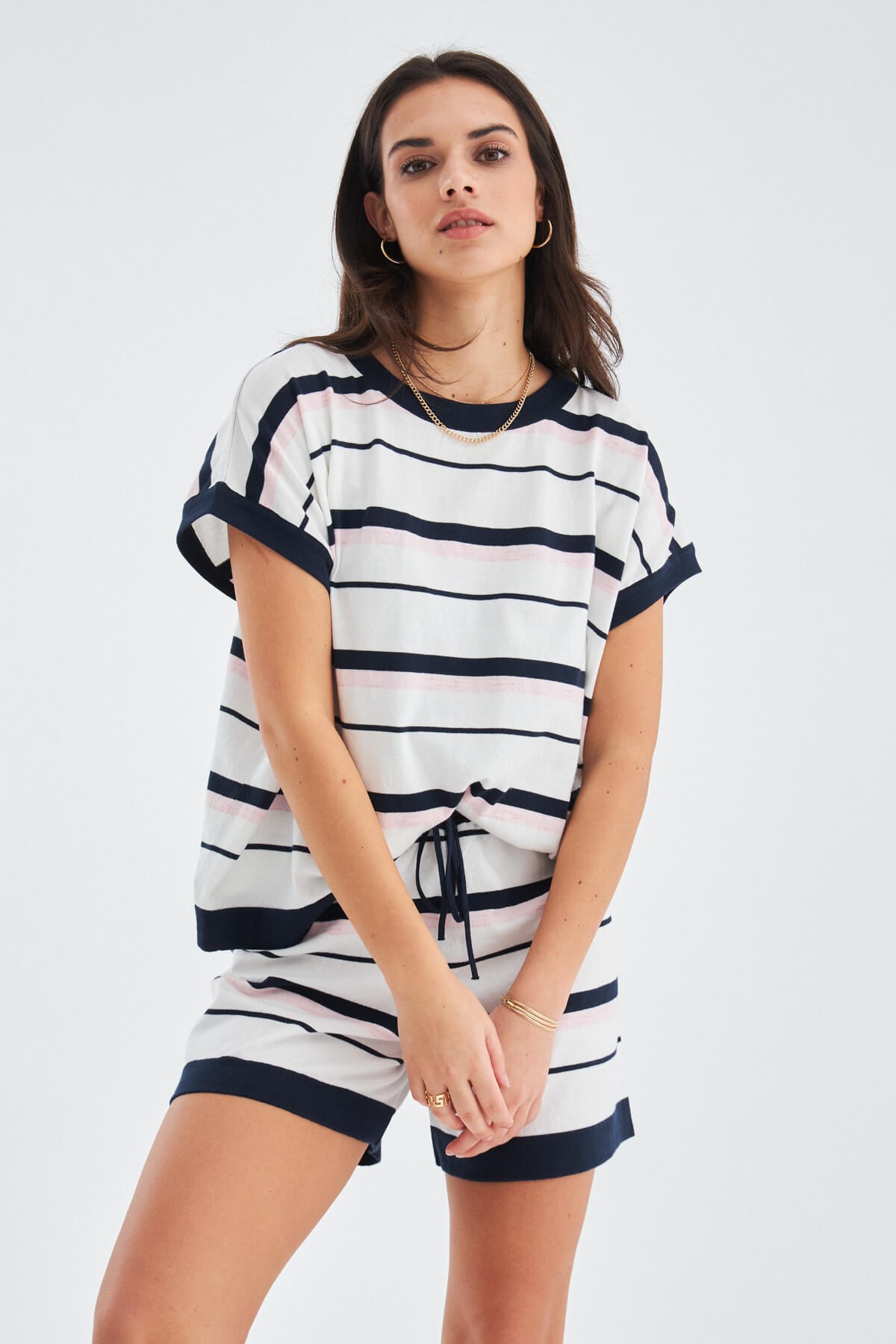 Peraluna MARINE BLOUSE & SHORTS %100 Pamuk Yazlık Kadın Triko Şort Takım Lacivert/Ekru