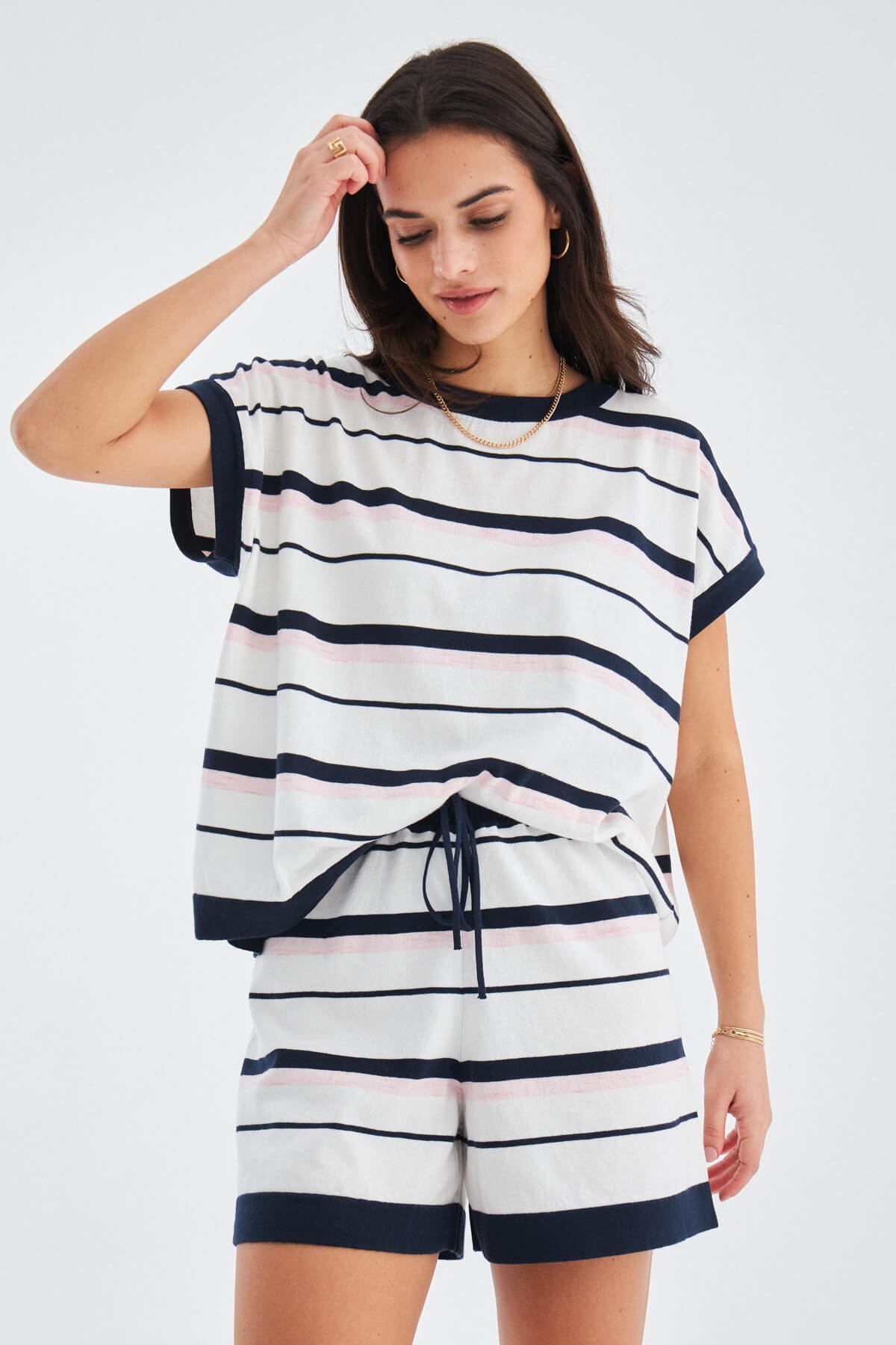 Peraluna MARINE BLOUSE & SHORTS %100 Pamuk Yazlık Kadın Triko Şort Takım Lacivert/Ekru