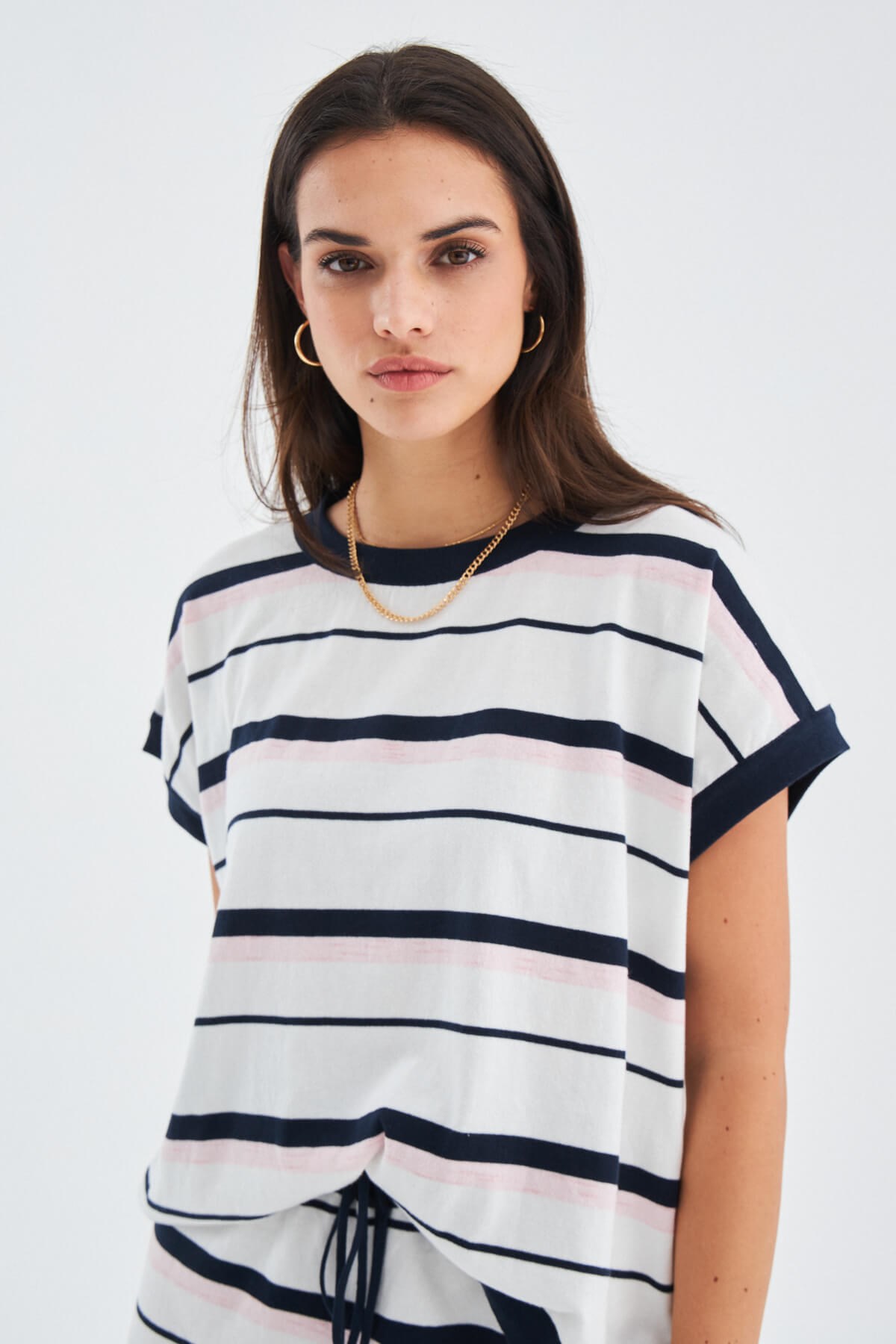 Peraluna MARINE BLOUSE & SHORTS %100 Pamuk Yazlık Kadın Triko Şort Takım Lacivert/Ekru