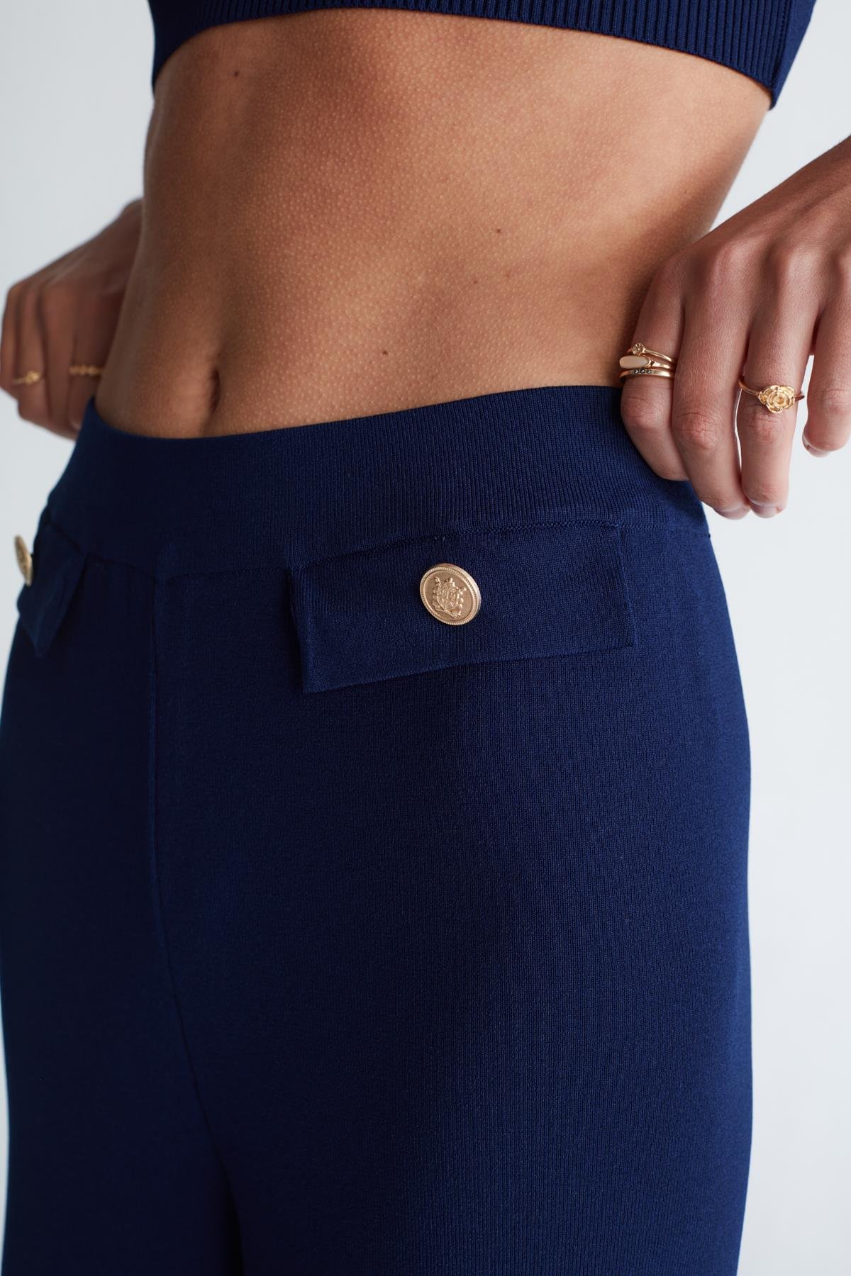Peraluna MARLENE TROUSER Düğme Detaylı Rahat Kesim Kadın Triko Pantolon Lacivert