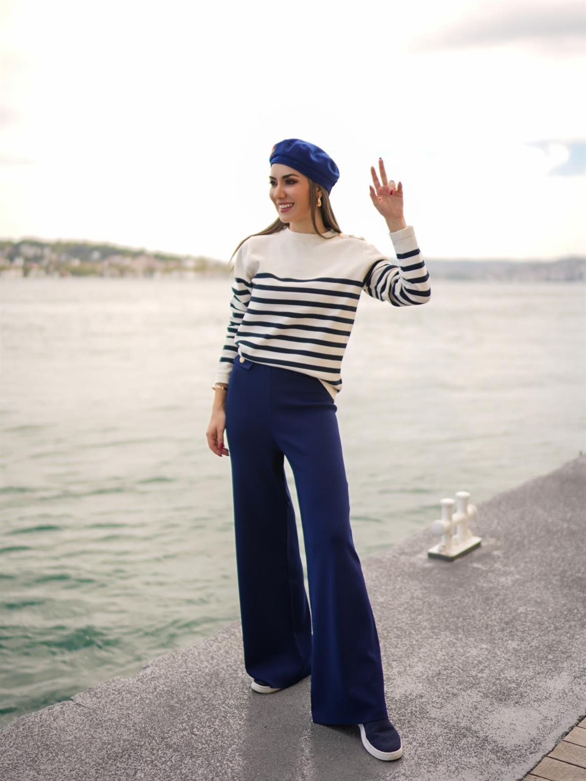 Peraluna MARLENE TROUSER Düğme Detaylı Rahat Kesim Kadın Triko Pantolon Lacivert