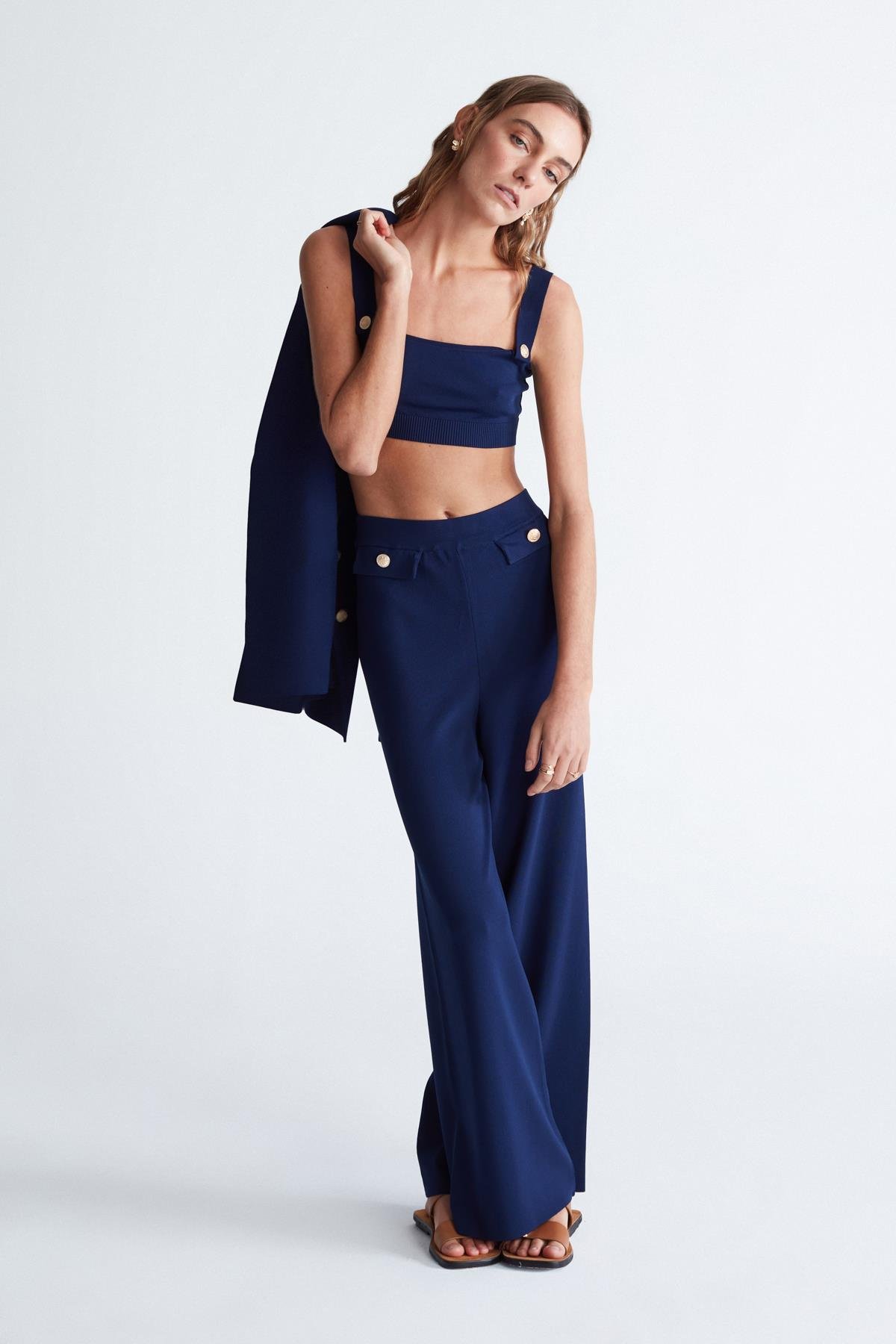 Peraluna MARLENE TROUSER Düğme Detaylı Rahat Kesim Kadın Triko Pantolon Lacivert