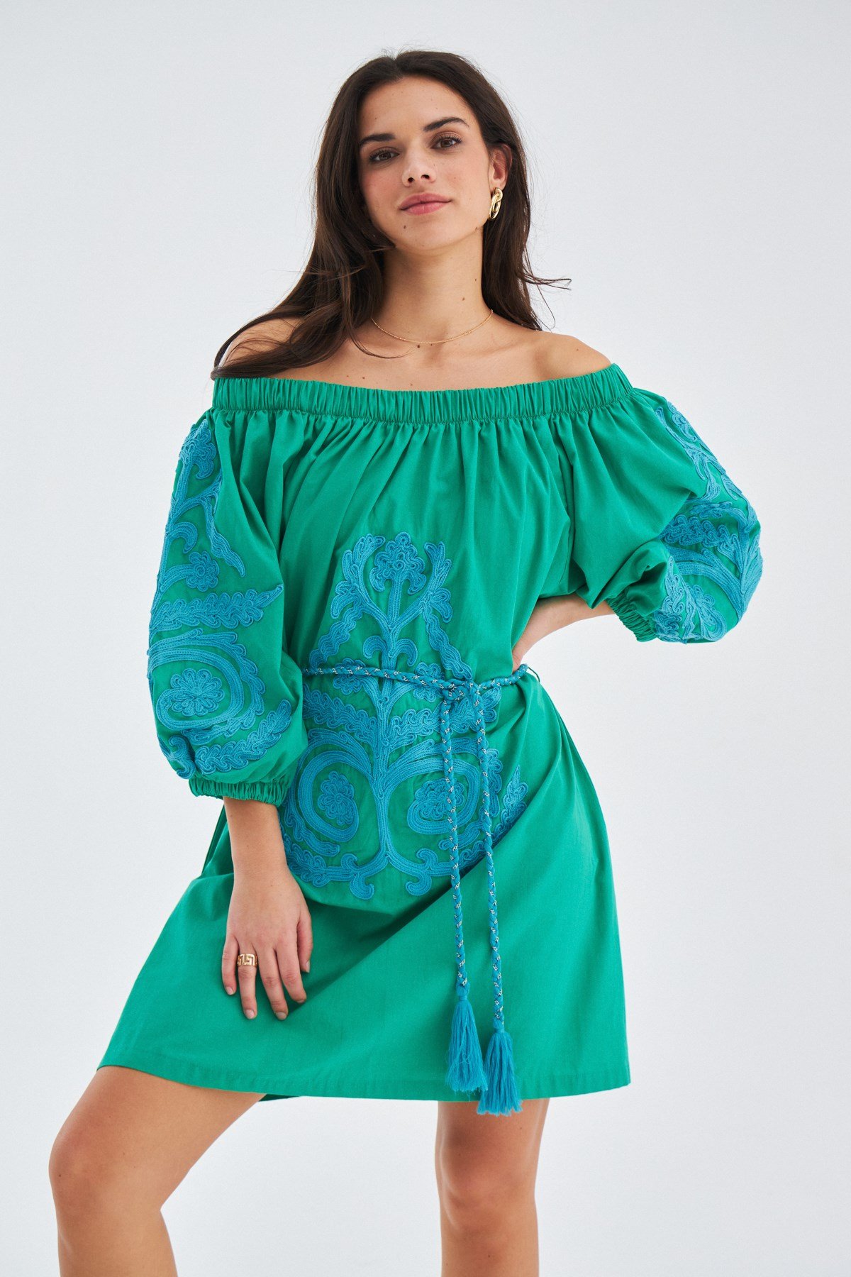 Peraluna MASUMI DRESS %100 Pamuk Diz Hizası Yazlık Kadın Elbise Çimen Yeşil/Mavi