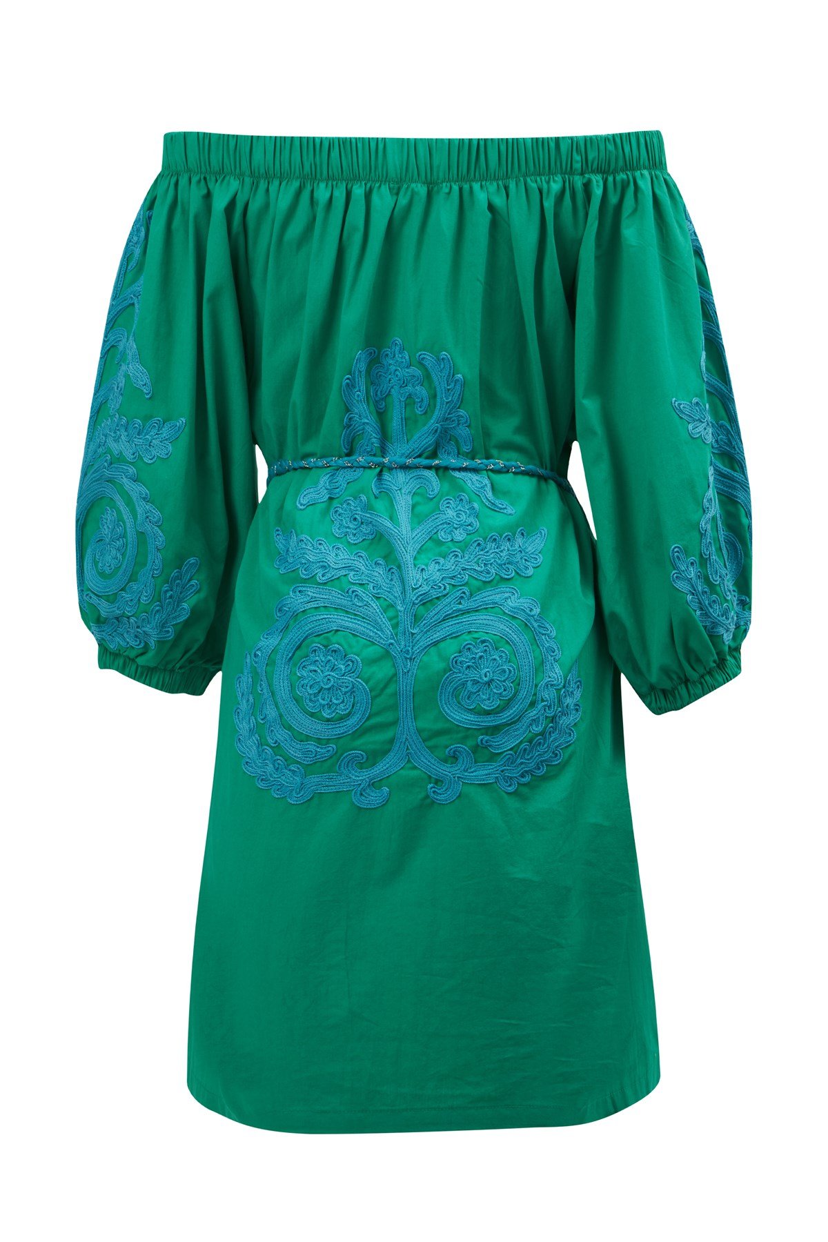 Peraluna MASUMI DRESS %100 Pamuk Diz Hizası Yazlık Kadın Elbise Çimen Yeşil/Mavi