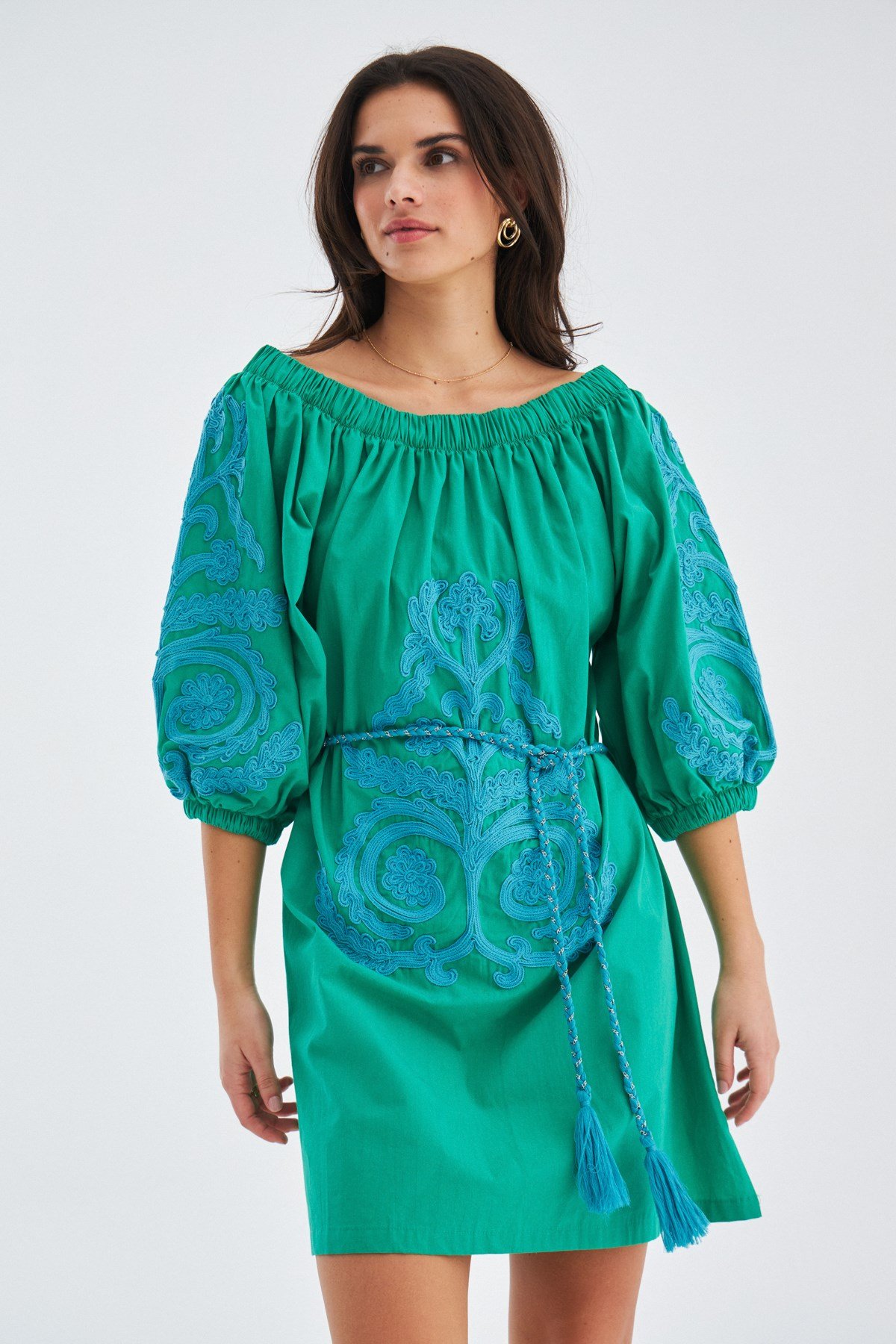 Peraluna MASUMI DRESS %100 Pamuk Diz Hizası Yazlık Kadın Elbise Çimen Yeşil/Mavi