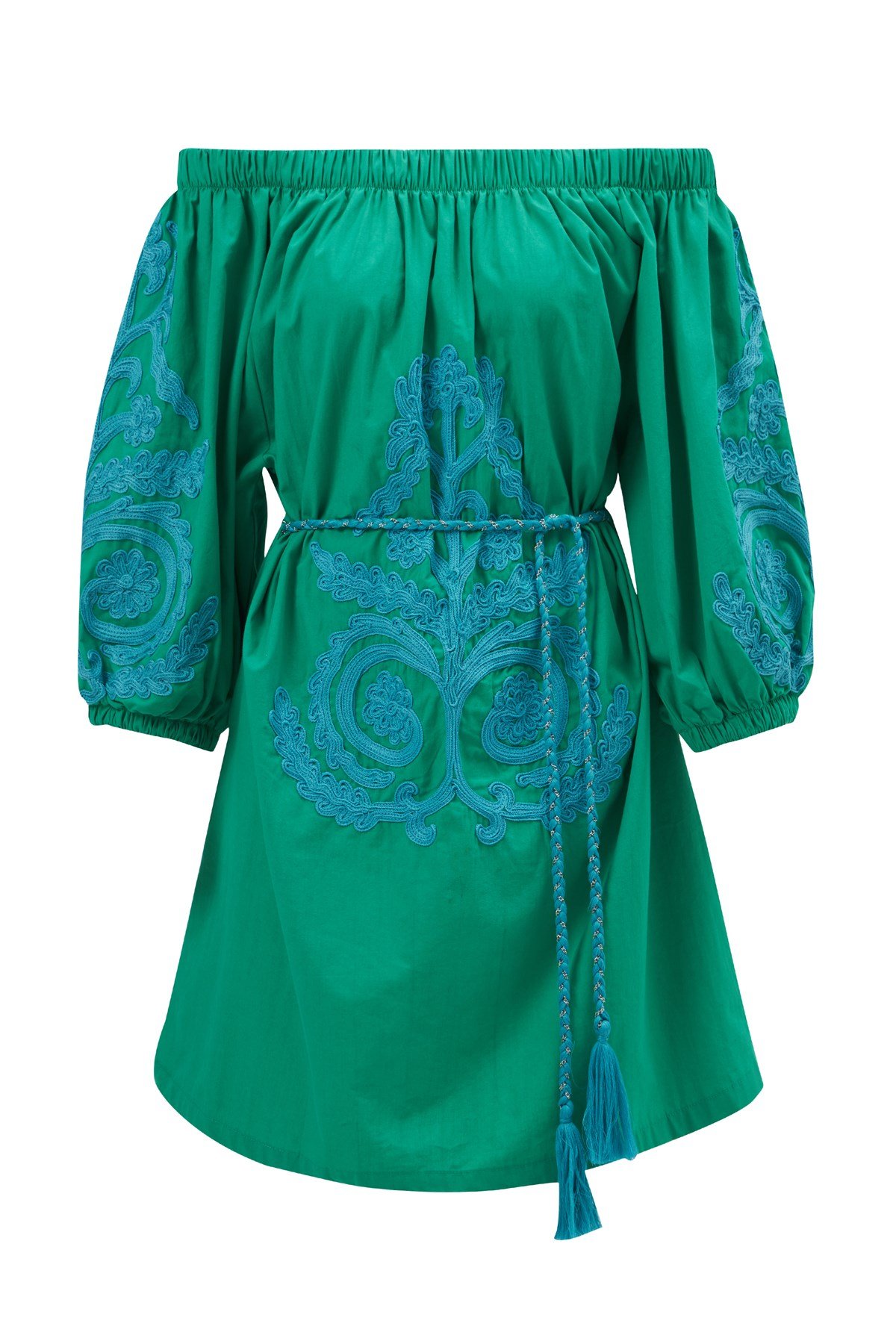 Peraluna MASUMI DRESS %100 Pamuk Diz Hizası Yazlık Kadın Elbise Çimen Yeşil/Mavi