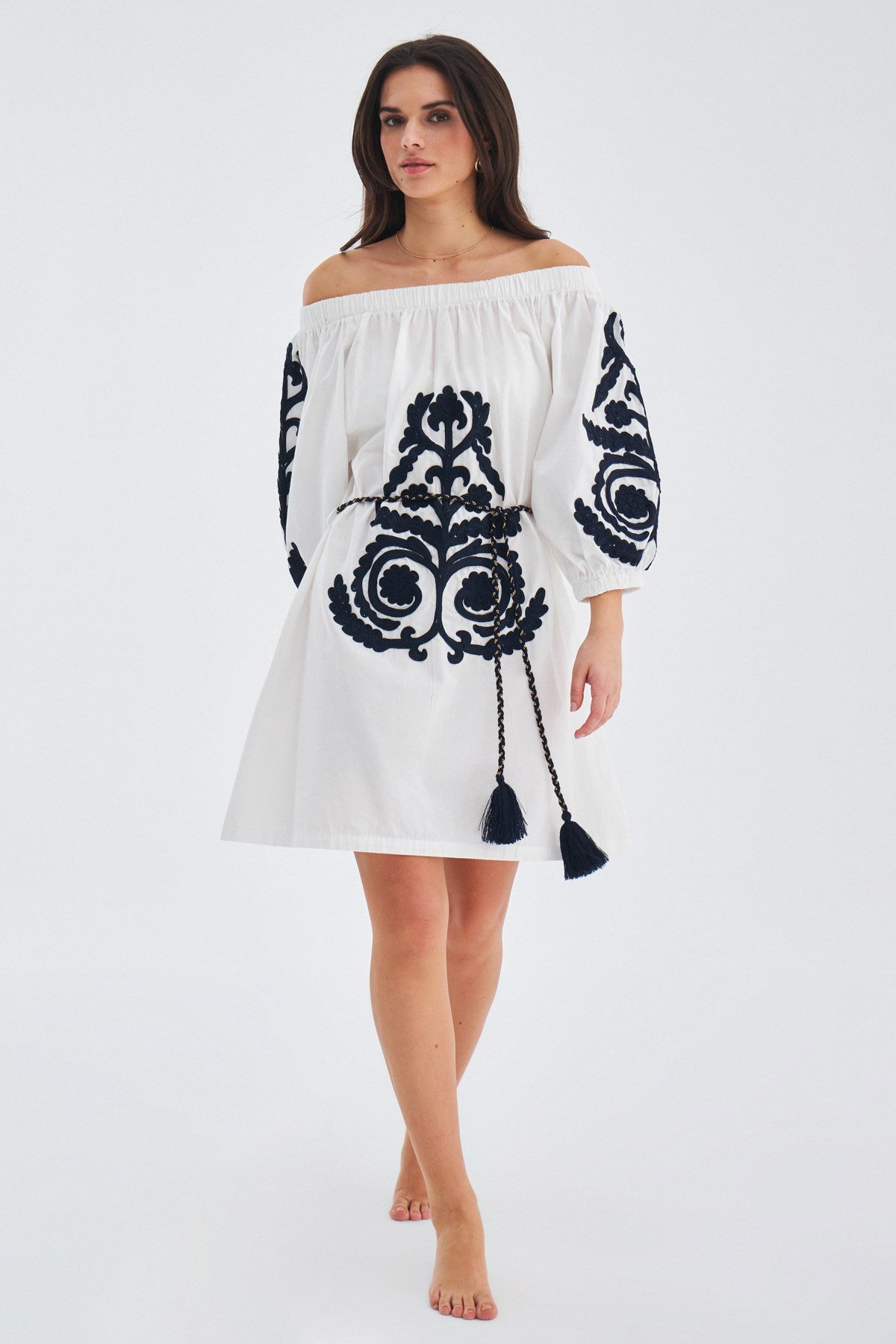 Peraluna MASUMI DRESS 100% Cotton Above Knee Women's Summer Dress - White/Navy