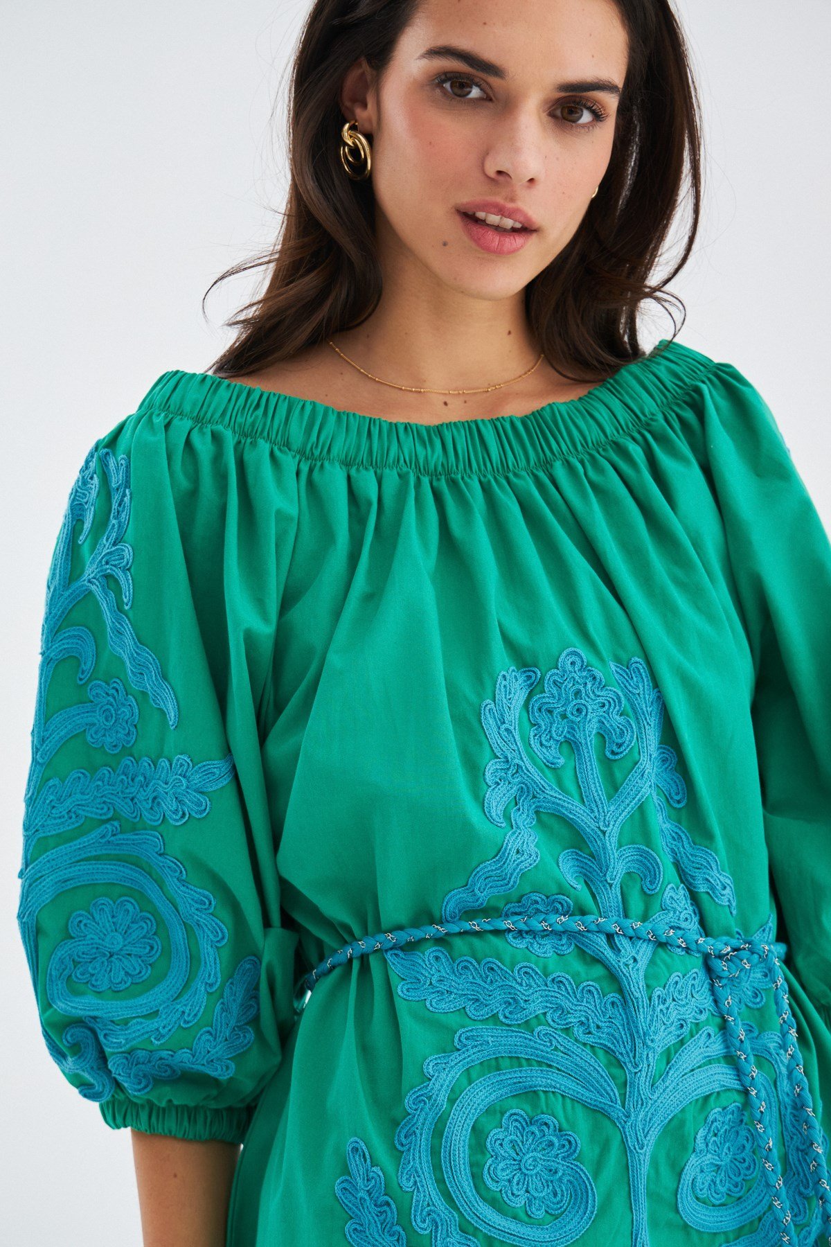 Peraluna MASUMI DRESS %100 Pamuk Diz Hizası Yazlık Kadın Elbise Çimen Yeşil/Mavi