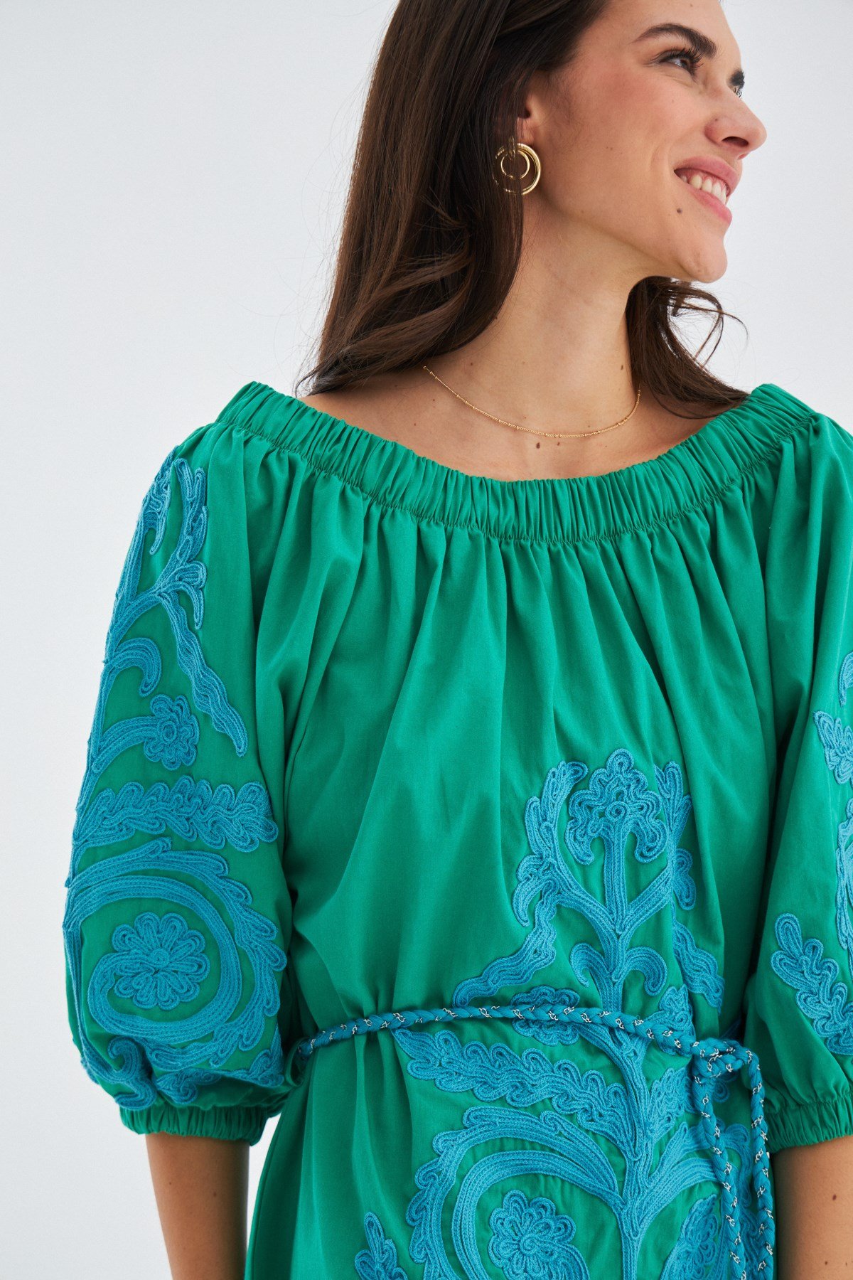 Peraluna MASUMI DRESS %100 Pamuk Diz Hizası Yazlık Kadın Elbise Çimen Yeşil/Mavi