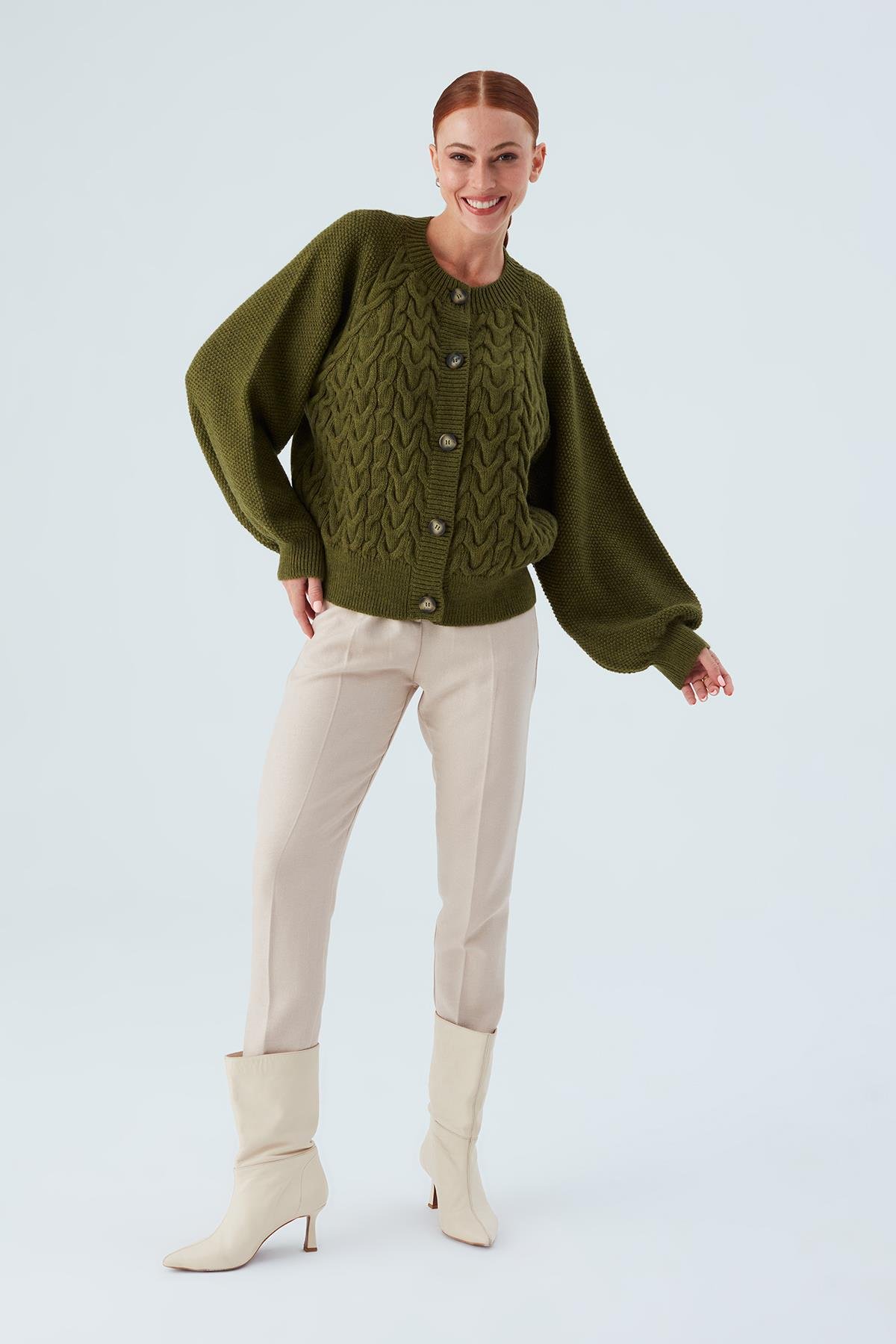 Peraluna MAY CARDIGAN Cable Knit Button Loose Cut Women Knitwear Cardigan - Green