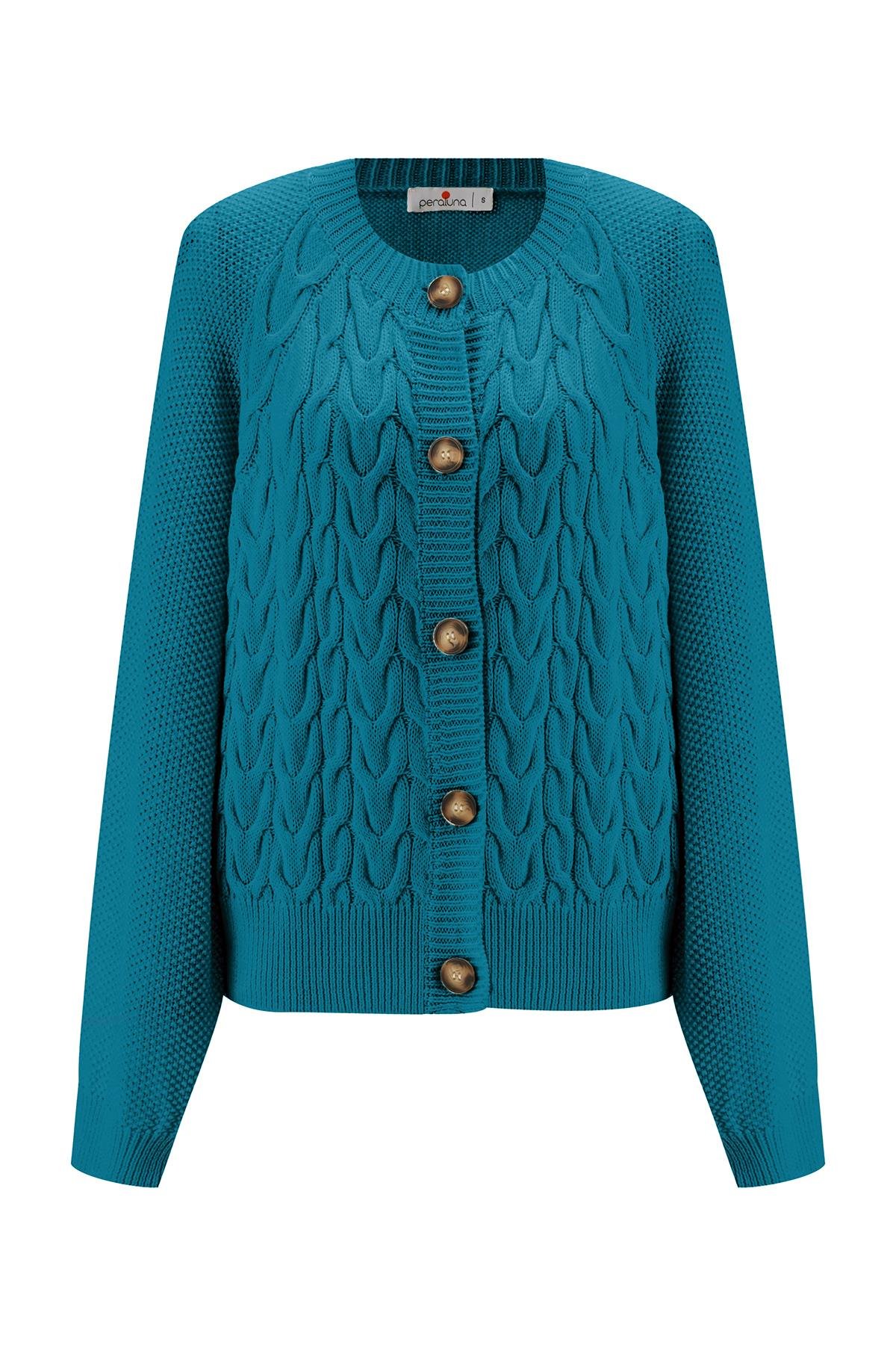 Peraluna MAY CARDIGAN Cable Knit Button Loose Cut Women Knitwear Cardigan - Turquoise