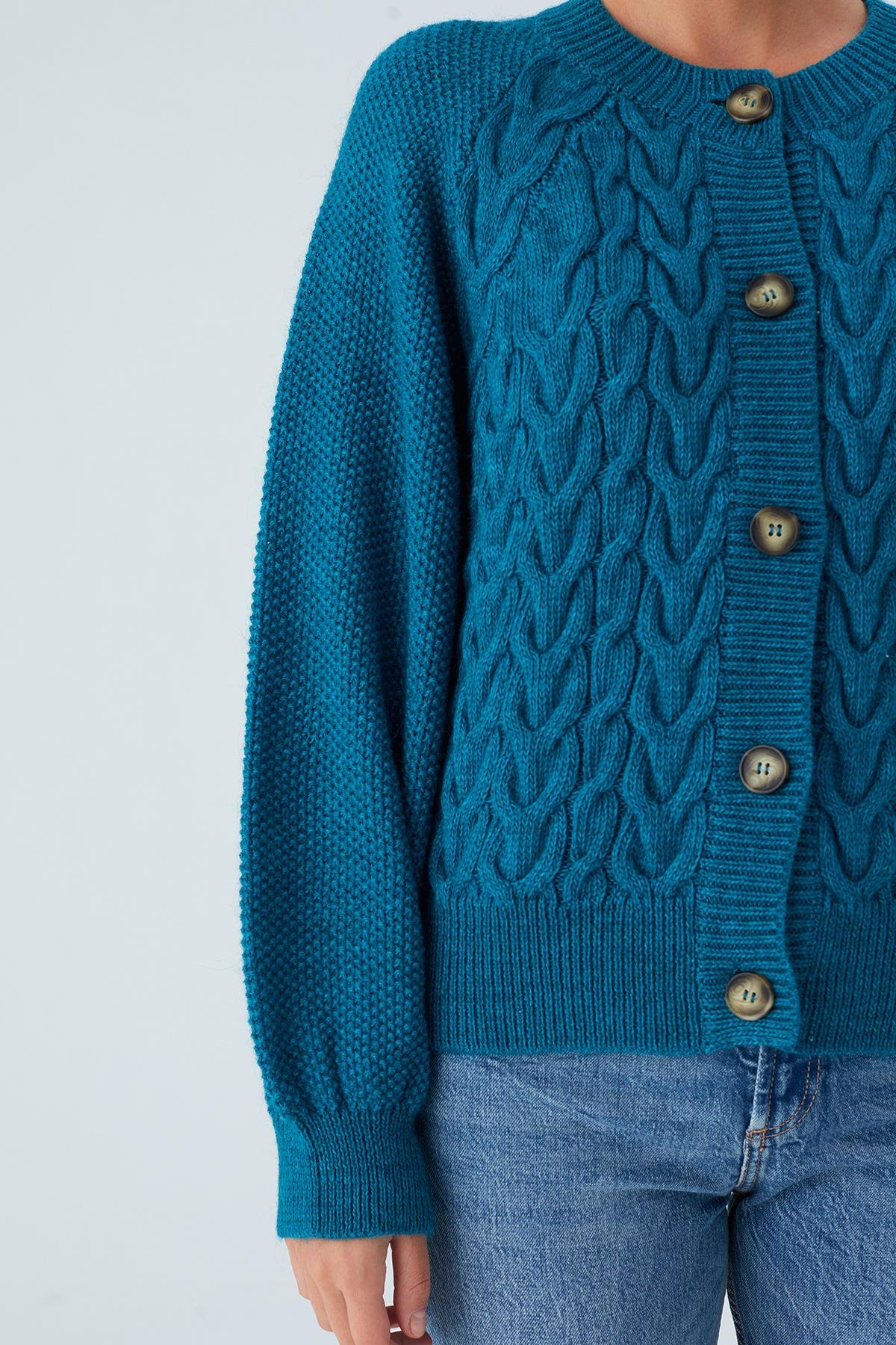 Peraluna MAY CARDIGAN Cable Knit Button Loose Cut Women Knitwear Cardigan - Turquoise