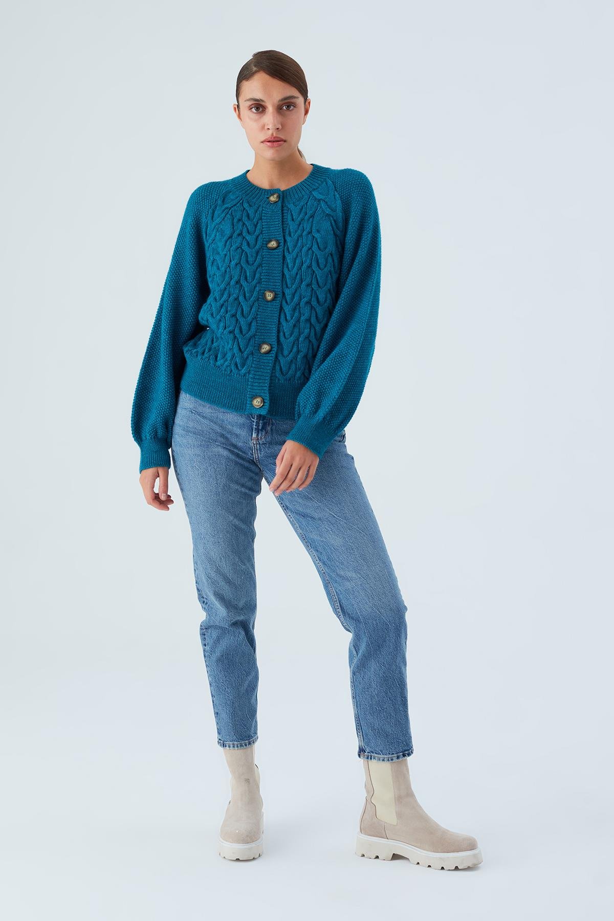 Peraluna MAY CARDIGAN Cable Knit Button Loose Cut Women Knitwear Cardigan - Turquoise