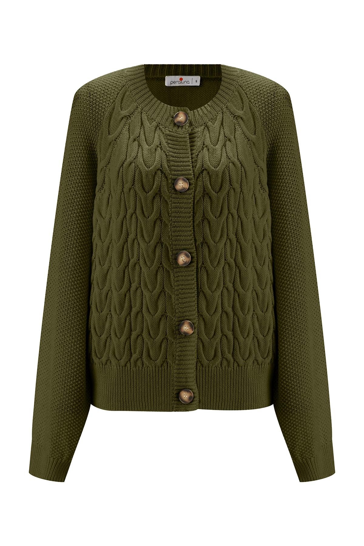 Peraluna MAY CARDIGAN Cable Knit Button Loose Cut Women Knitwear Cardigan - Green