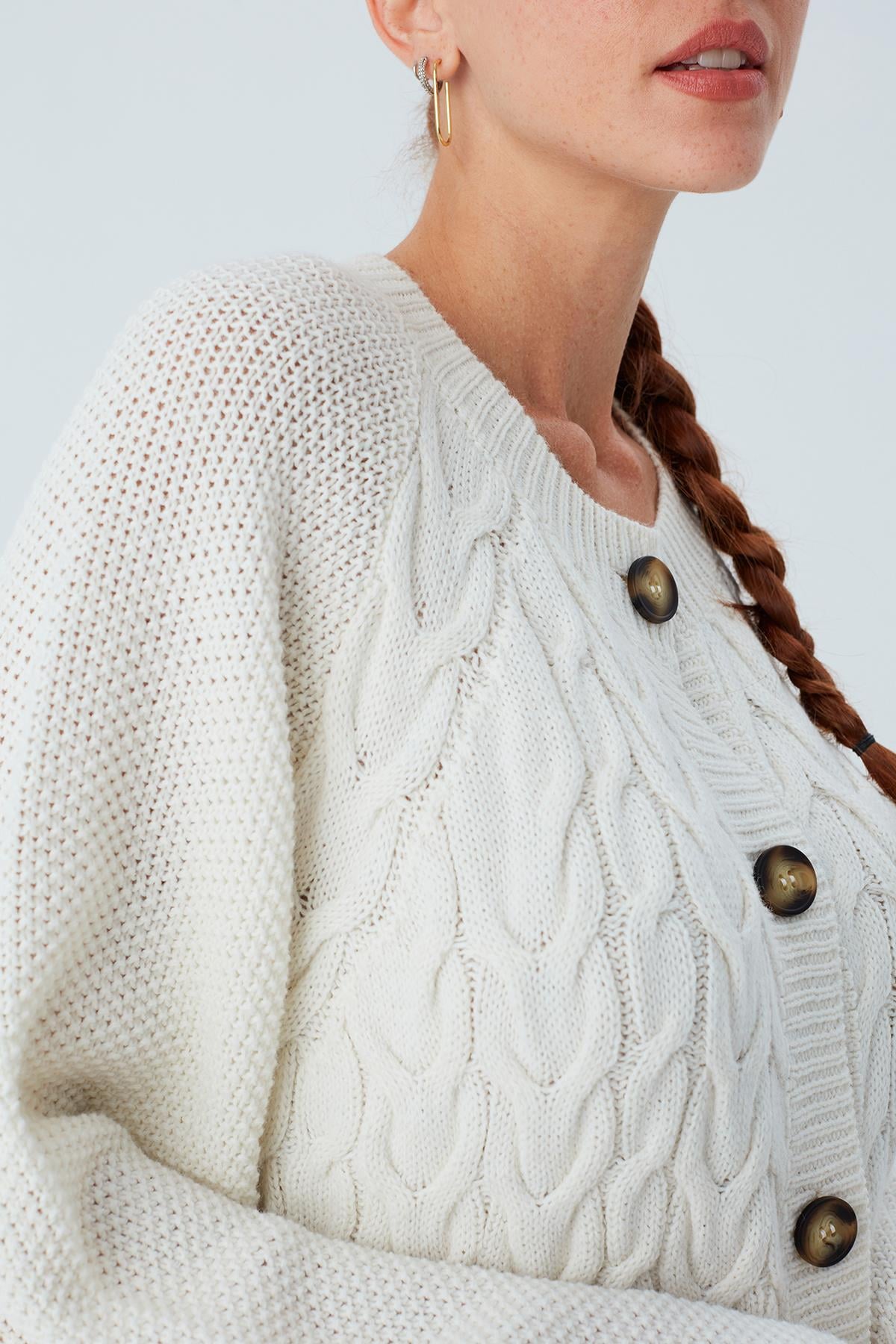 Peraluna MAY CARDIGAN Saç Örgülü Düğmeli Bol Kesim Kadın Triko Hırka Ekru
