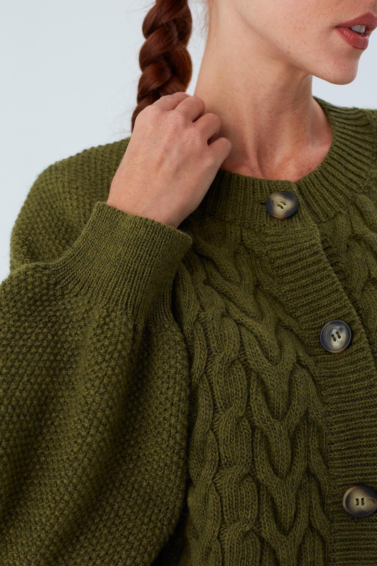 Peraluna MAY CARDIGAN Cable Knit Button Loose Cut Women Knitwear Cardigan - Green