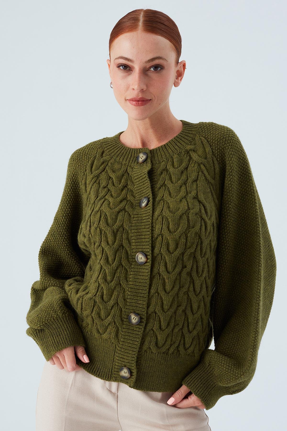 Peraluna MAY CARDIGAN Cable Knit Button Loose Cut Women Knitwear Cardigan - Green