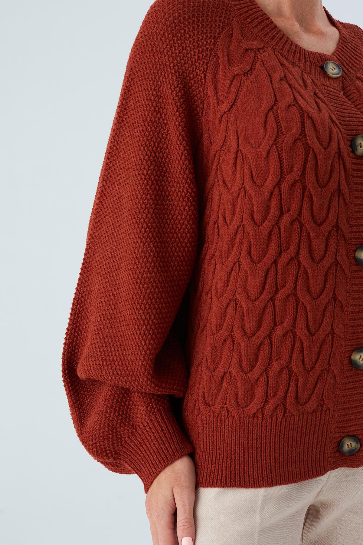 Peraluna MAY CARDIGAN Saç Örgülü Düğmeli Bol Kesim Kadın Triko Hırka Kızıl Kahve