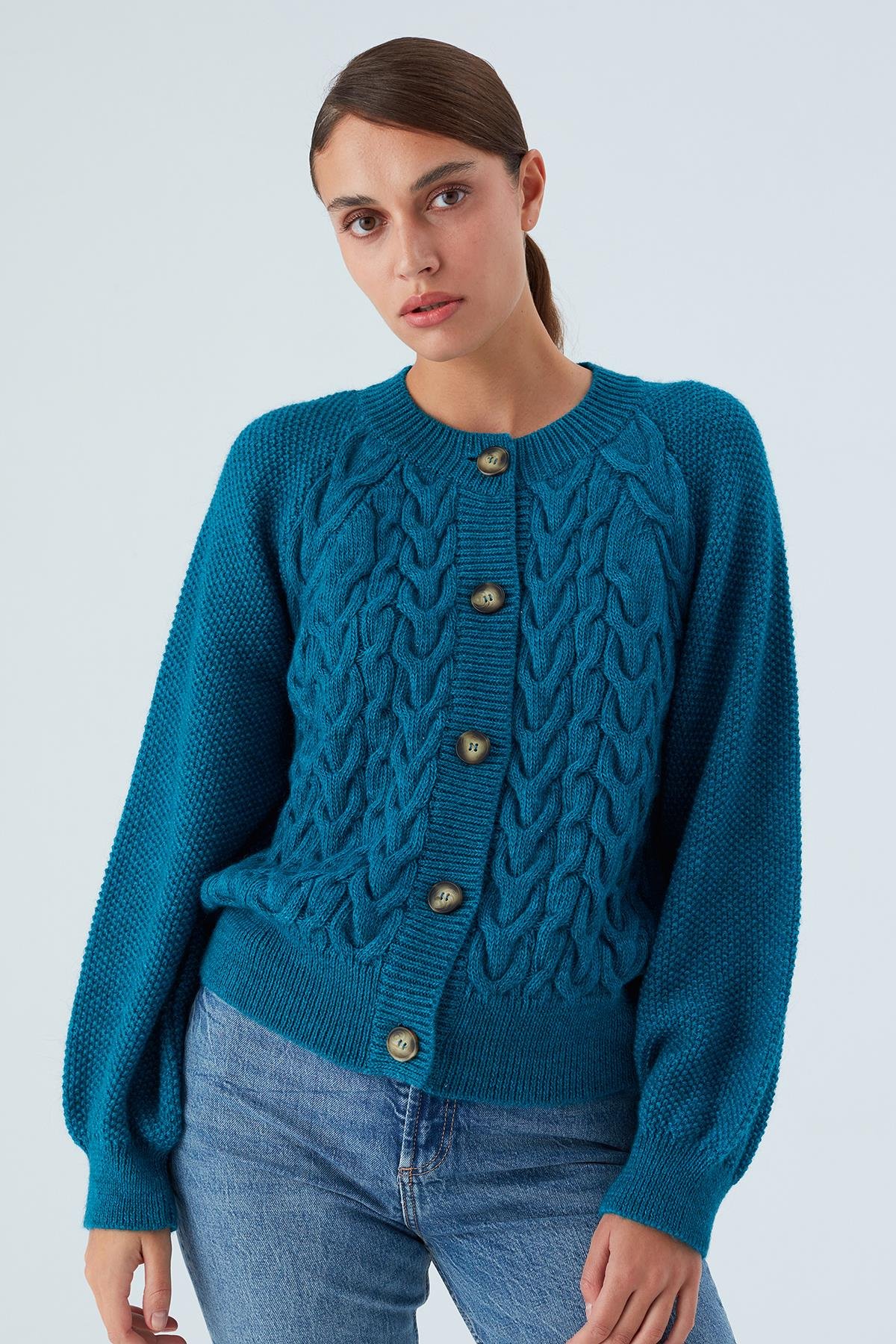 Peraluna MAY CARDIGAN Cable Knit Button Loose Cut Women Knitwear Cardigan - Turquoise