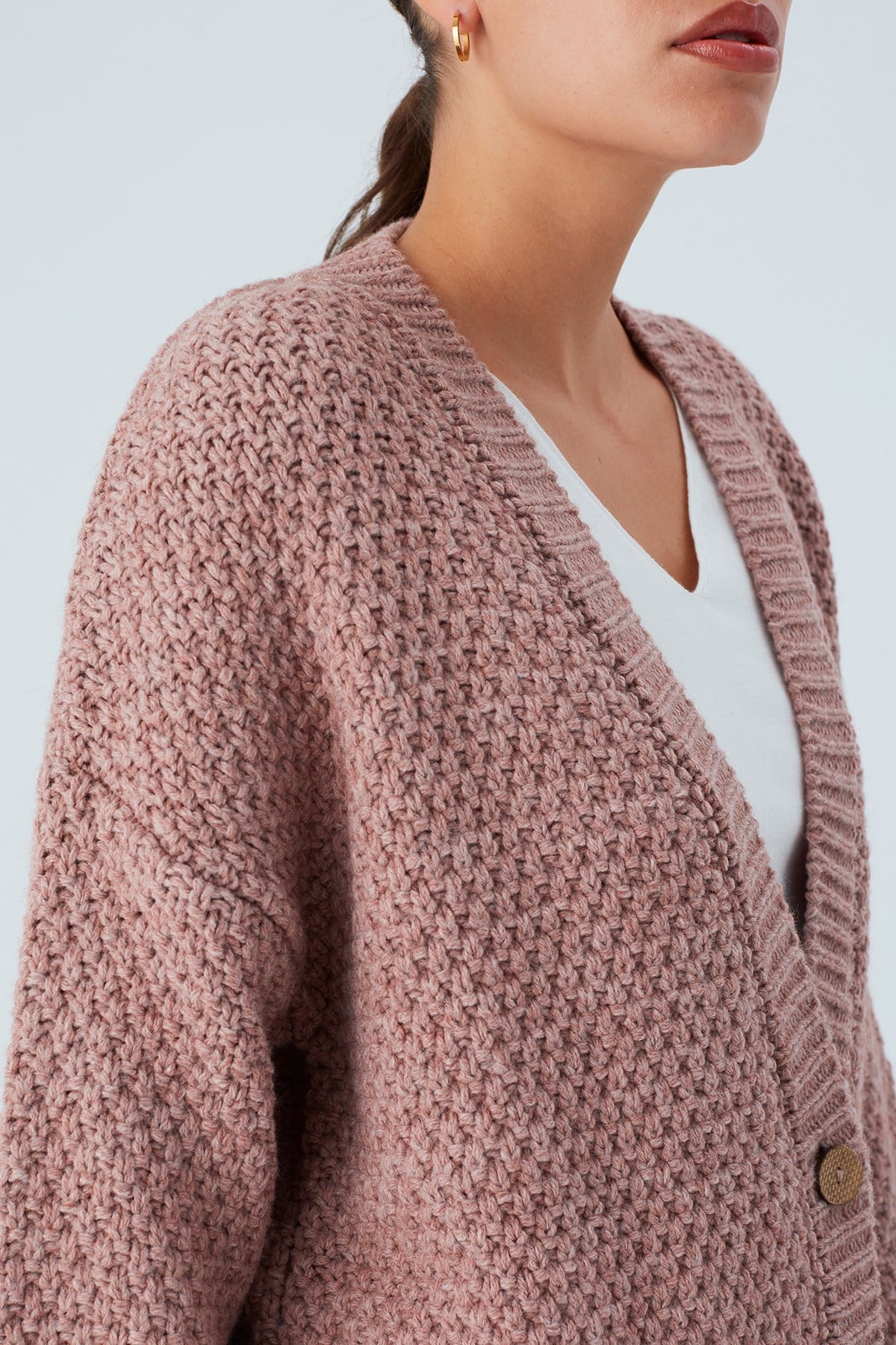 Peraluna MAYA CARDIGAN Pirinç Örgülü Düğmeli Kadın Triko Hırka Pudra
