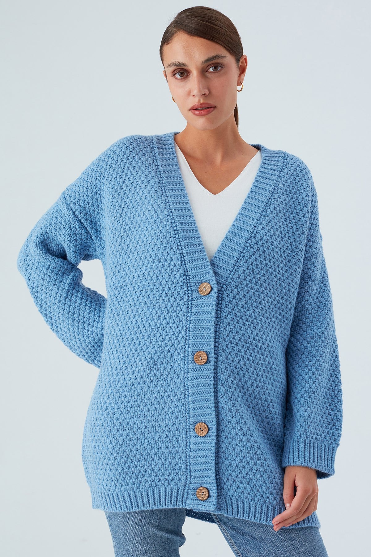 Peraluna MAYA CARDIGAN Pirinç Örgülü Düğmeli Kadın Triko Hırka Mavi