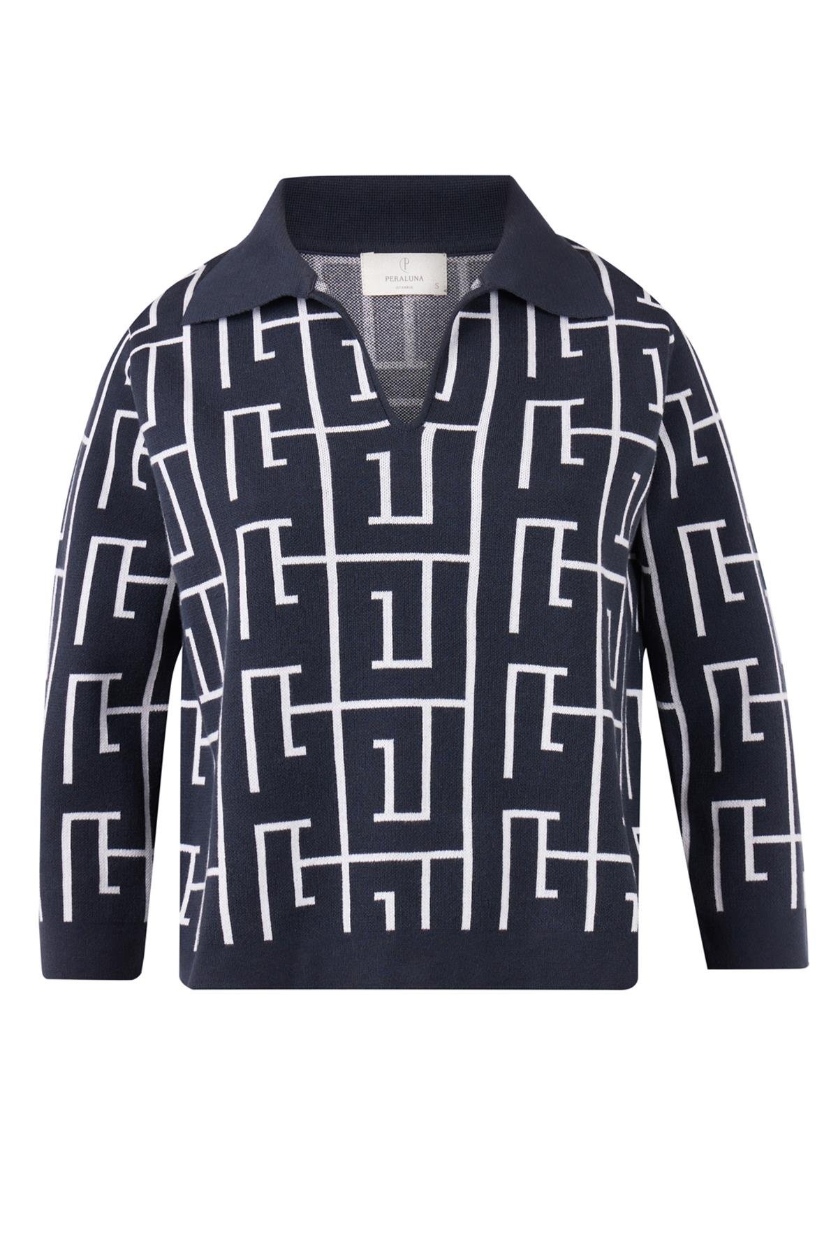 Peraluna MAZE BLOUSE Labirent Desen Crop Kesim Polo Yaka Kadın Triko Bluz - Antrasit/Ekru