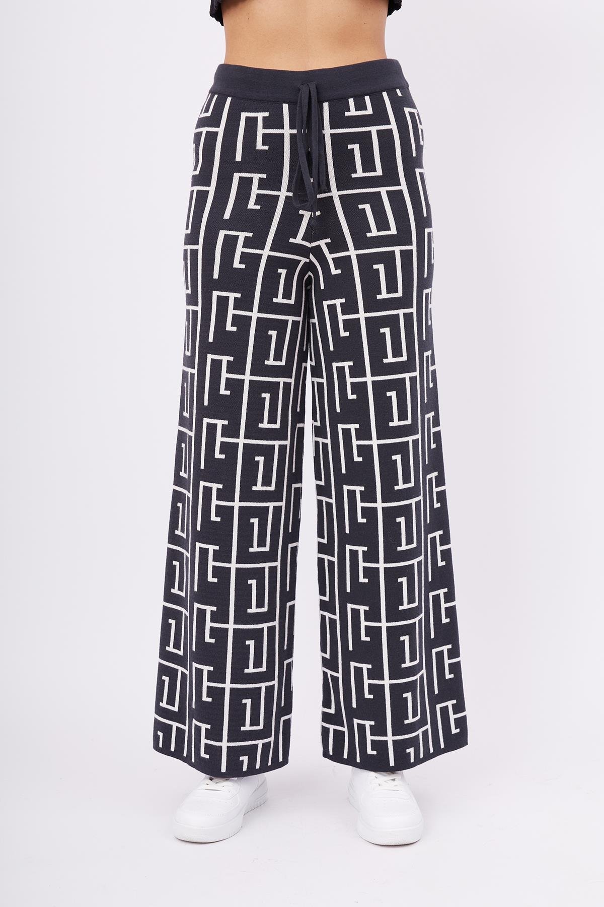 Peraluna MAZE TROUSER Labirent Desen Yüksek Bel Rahat Kesim Beli Lastikli Kadın Triko Pantolon - Antrasit/Ekru