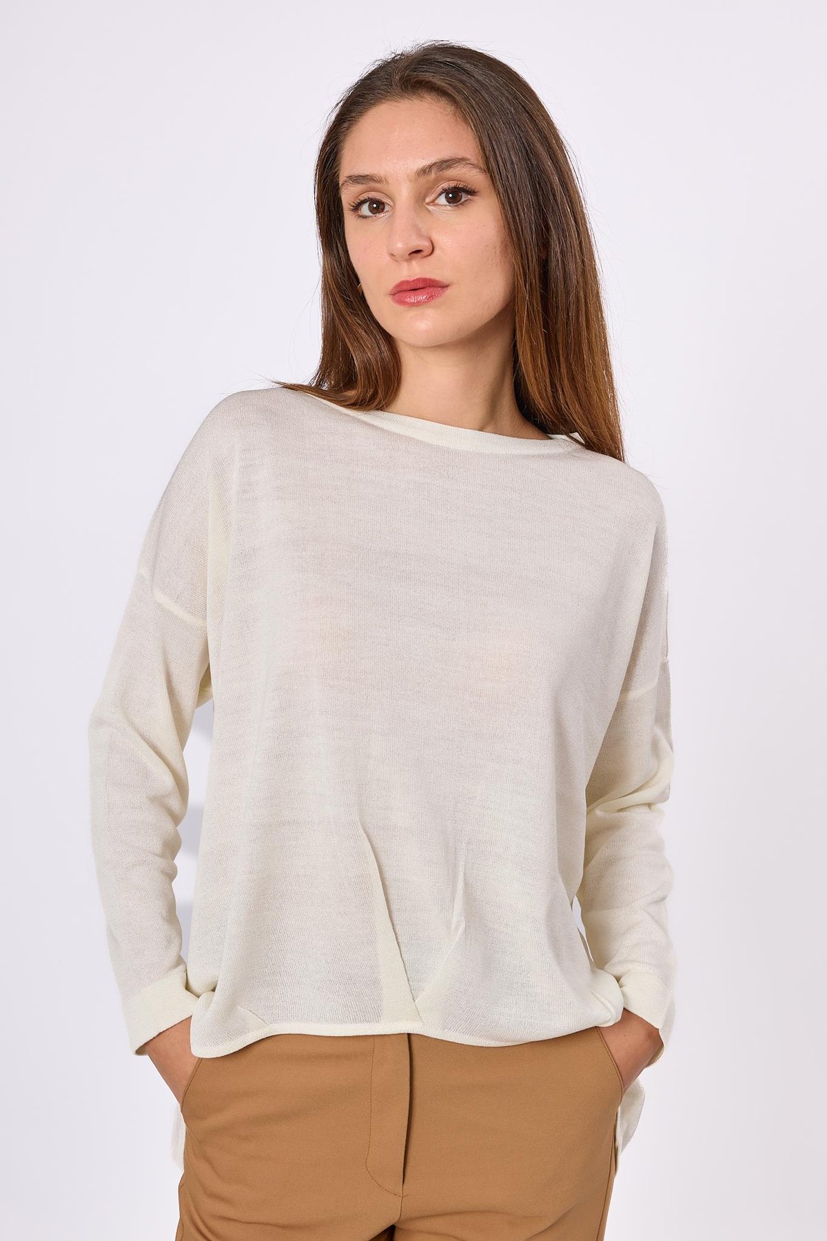 Peraluna MEADOW BLOUSE Ön ve Arka Pile Detaylı Salaş Kadın Triko Bluz - Ekru