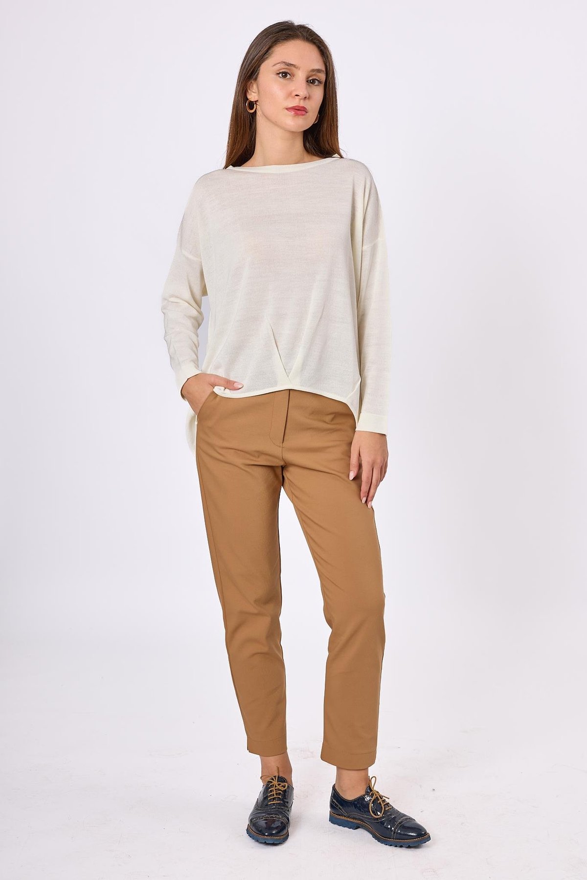 Peraluna MEADOW BLOUSE Ön ve Arka Pile Detaylı Salaş Kadın Triko Bluz - Ekru