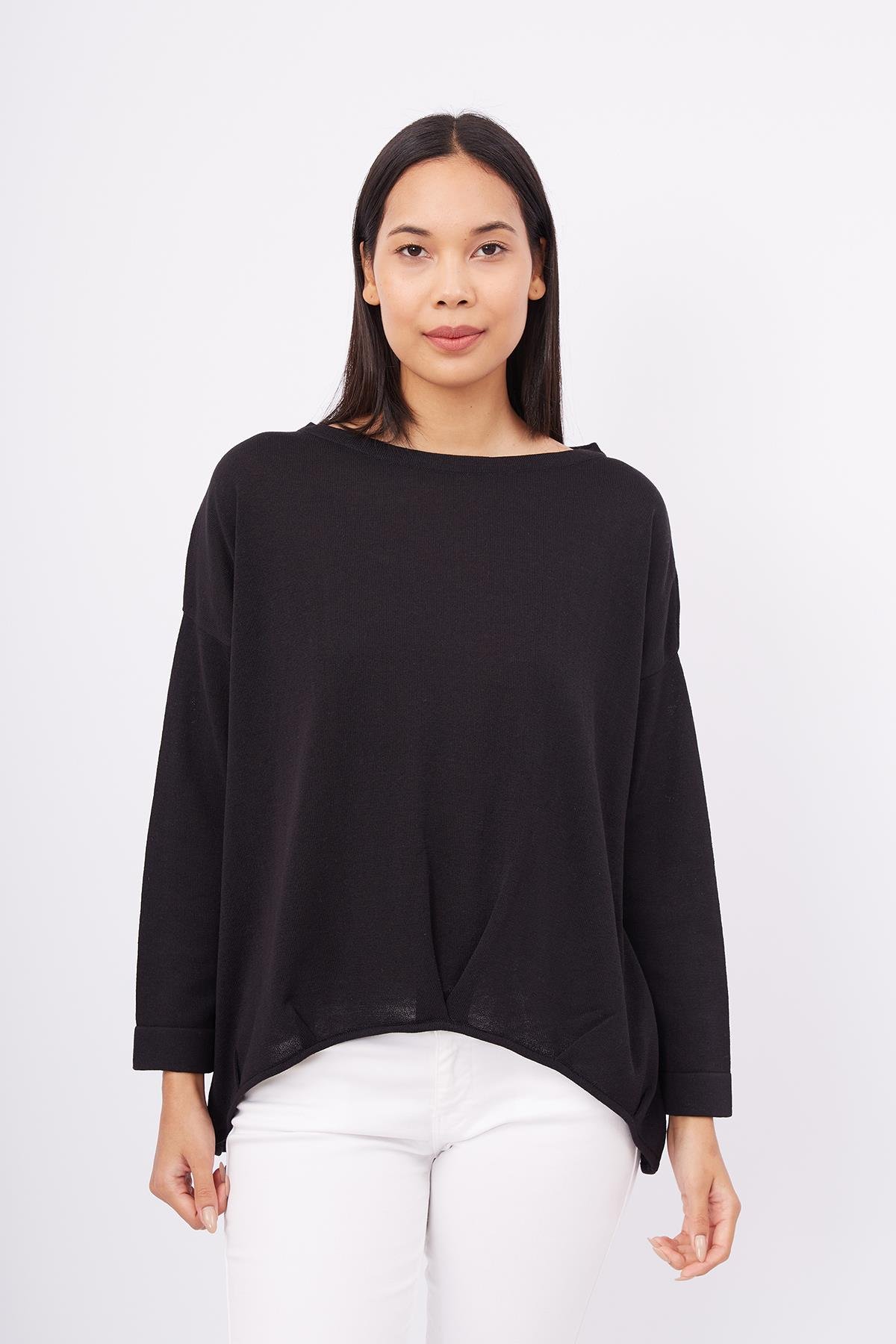 Peraluna Front and Back Pleated Loose Knitwear Women's Blouse - Black