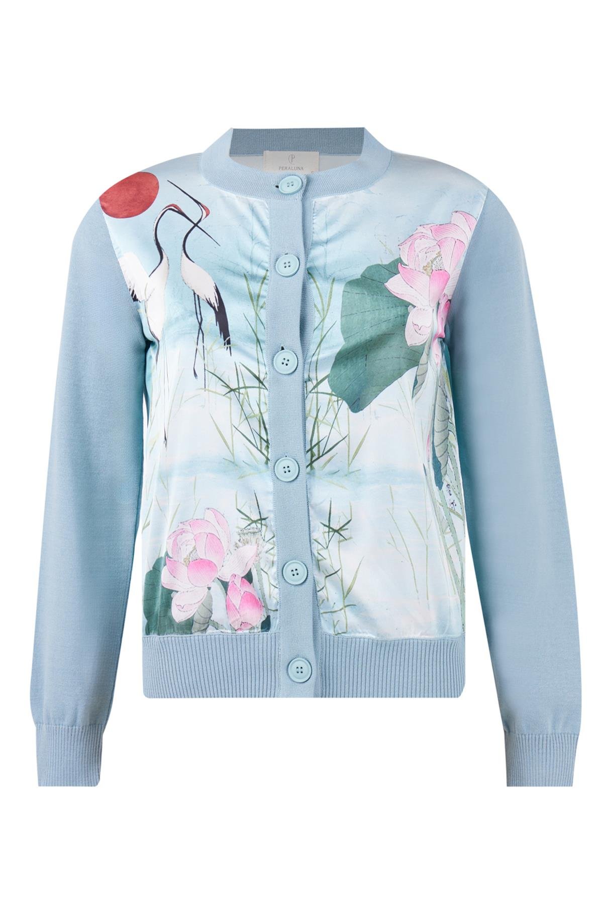 Peraluna MELINDA CARDIGAN Önü Saten Üstüne Baskılı Standart Fit O Yaka Kadın Triko Hırka - Toz Mavi